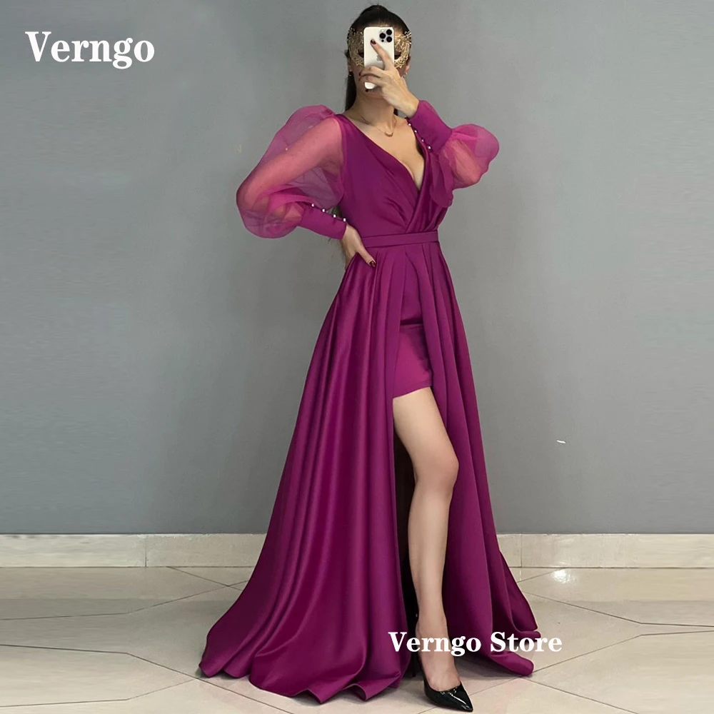 Verngo Fuschia Black White Satin Women Evening Dresses Puff Long Sleeves Cuff V Neck Formal Event Prom Gowns Short Pant Under
Verngo Fuschia Black White Satin Women Evening Dresses Puff Long Sleeves Cuff V Neck Formal Event Prom Gowns Short Pant Under
