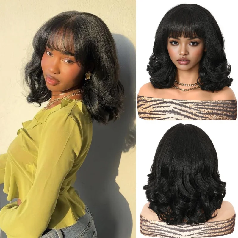 Women's with bangs, BOBO style, wavy short curly hair, synthetic high-temperature fiber, machine-made wig
Women's with bangs, BOBO style, wavy short curly hair, synthetic high-temperature fiber, machine-made wig