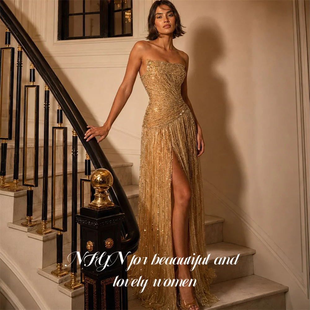 NFYN Golden Prom Dress Strapless Sleeveless Celebrity Dress Glitter Sequin Women's Evening Dresses Tassel Formal Gown Customized
NFYN Golden Prom Dress Strapless Sleeveless Celebrity Dress Glitter Sequin Women's Evening Dresses Tassel Formal Gown Customized