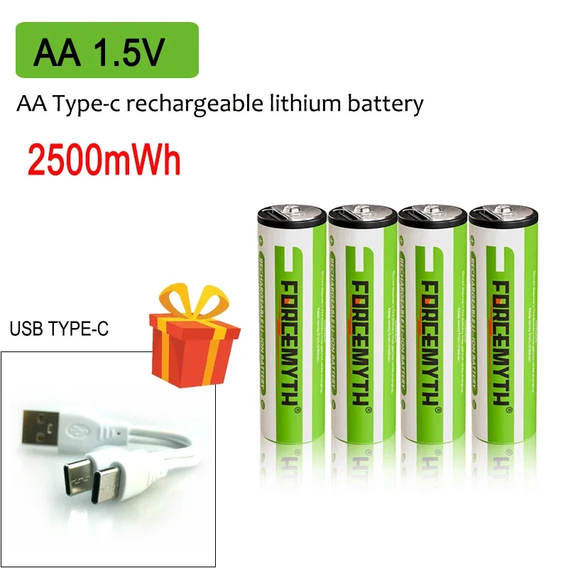 AA 1.5V 2500mWh Rechargeable Lithium Battery with 2 in 1 USB Charging Cable,Suit for Remote Control Mouse Small Fan Electric Toy
AA 1.5V 2500mWh Rechargeable Lithium Battery with 2 in 1 USB Charging Cable,Suit for Remote Control Mouse Small Fan Electric Toy