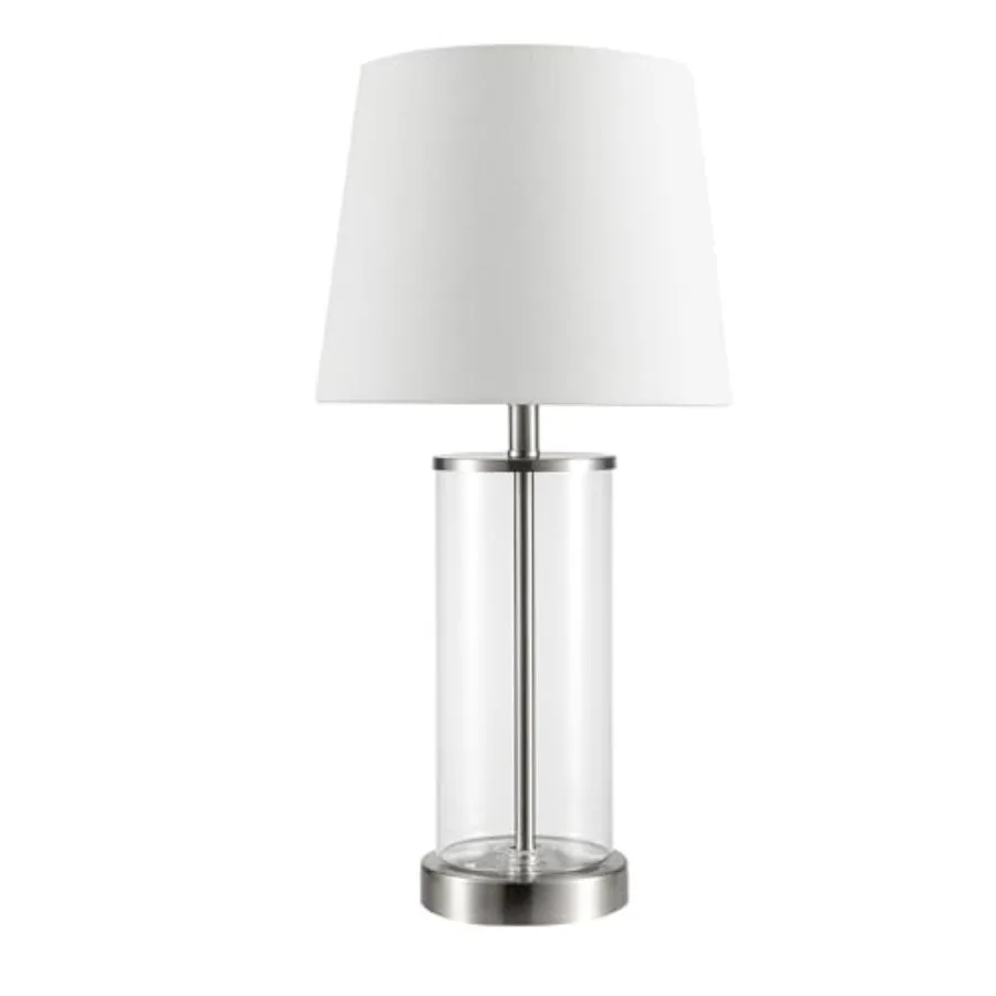 67155 Maya 21" Fillable Table Lamp Clear Glass and Steel Base White Fabric Shade
67155 Maya 21" Fillable Table Lamp Clear Glass and Steel Base White Fabric Shade