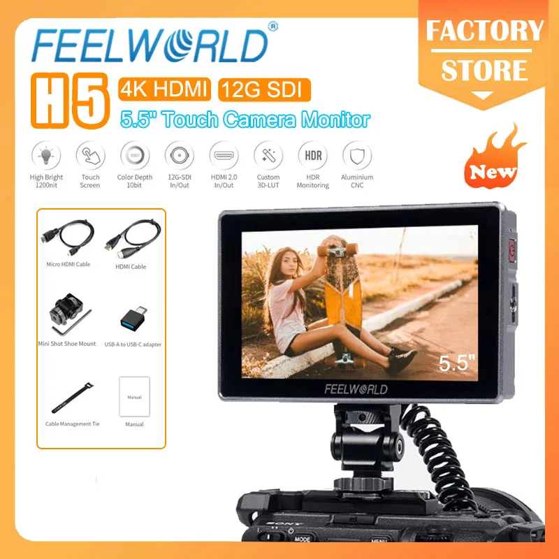 FEELWORLD H5 5.5-inch Touchscreen Camera Field Monitor 12G SDI HDMI 2.0 1200nit High Brightness 3D LUT Waveform
FEELWORLD H5 5.5-inch Touchscreen Camera Field Monitor 12G SDI HDMI 2.0 1200nit High Brightness 3D LUT Waveform