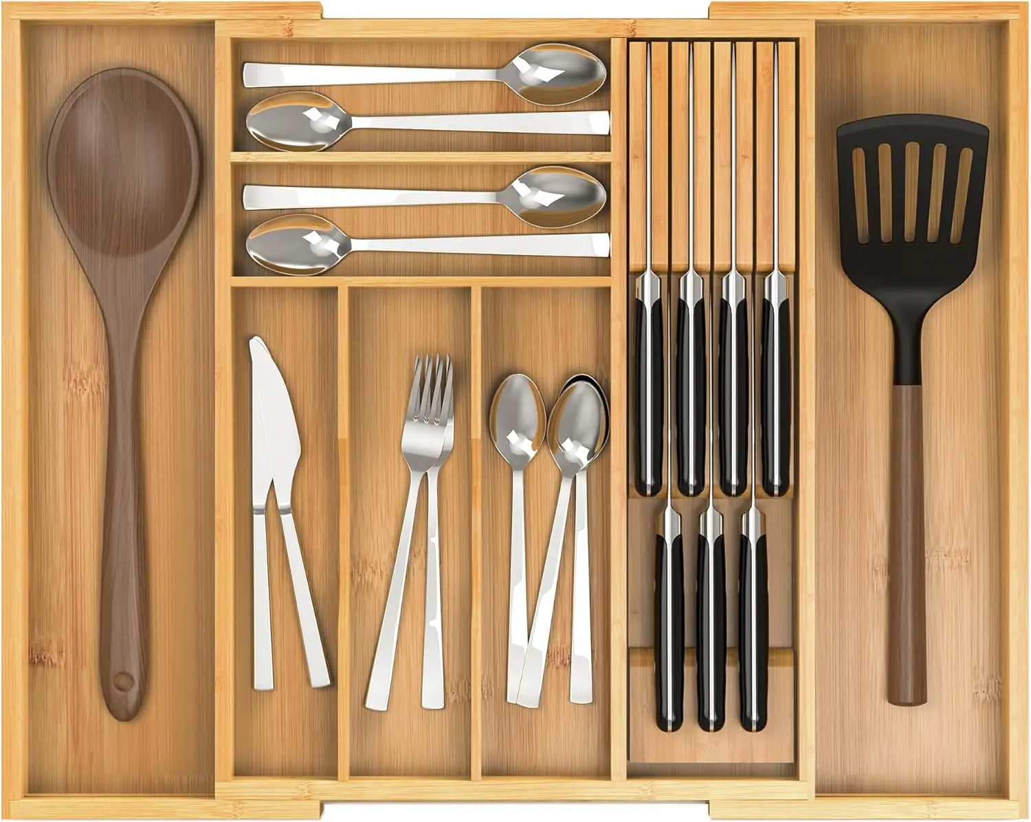 Bamboo Kitchen Drawer Organizer, Expandable Silverware Organizer with Removable Knife Block, 6-8
Bamboo Kitchen Drawer Organizer, Expandable Silverware Organizer with Removable Knife Block, 6-8