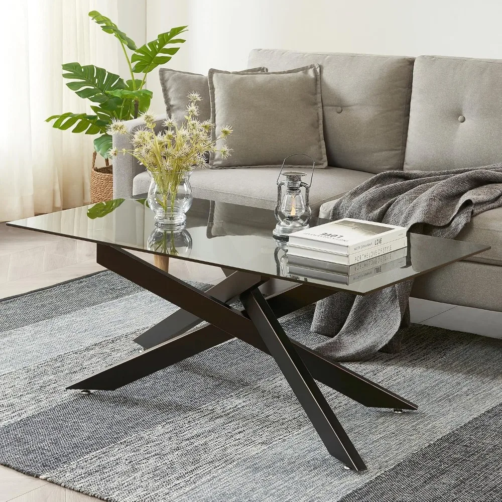 Rectangle Modern Coffee Table, Gray Tempered Glass Table Top, Black Metal Tubular Legs with Gold Rim 47.3”Lx23.6”Wx18.1”H
Rectangle Modern Coffee Table, Gray Tempered Glass Table Top, Black Metal Tubular Legs with Gold Rim 47.3”Lx23.6”Wx18.1”H
