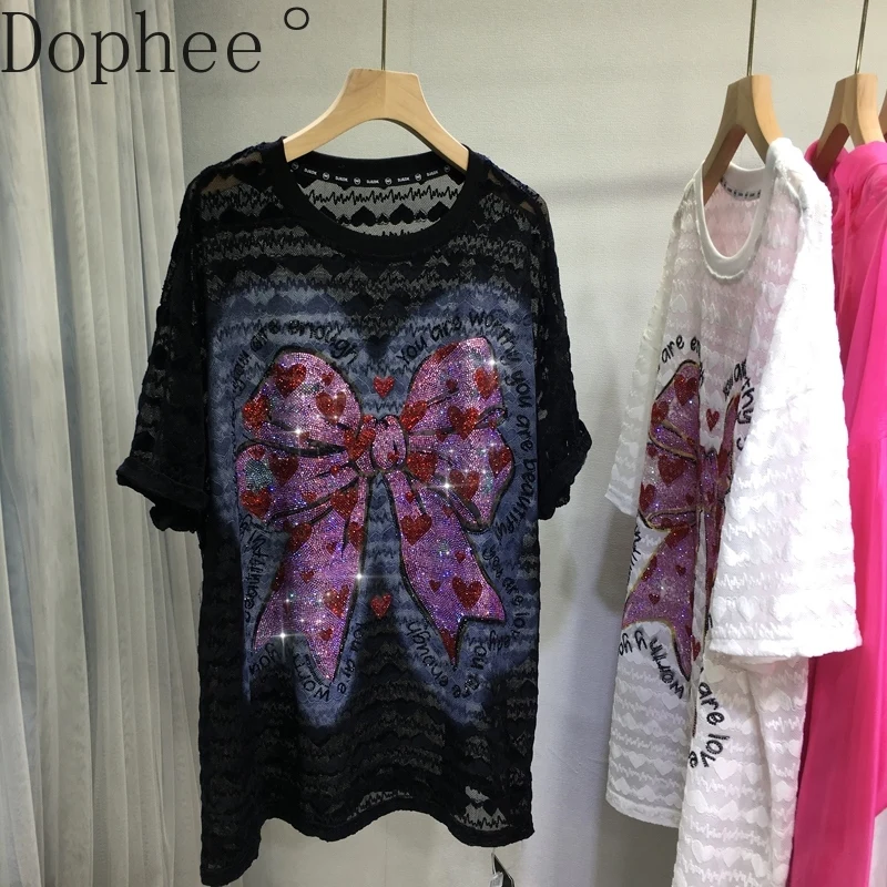 Cute Bow Hot Drilling Women T-shirt New Summer Elegant Hollow Out Lace Short Sleeve Pullover Top Mid-long Crew Neck Casual Tees
Cute Bow Hot Drilling Women T-shirt New Summer Elegant Hollow Out Lace Short Sleeve Pullover Top Mid-long Crew Neck Casual Tees