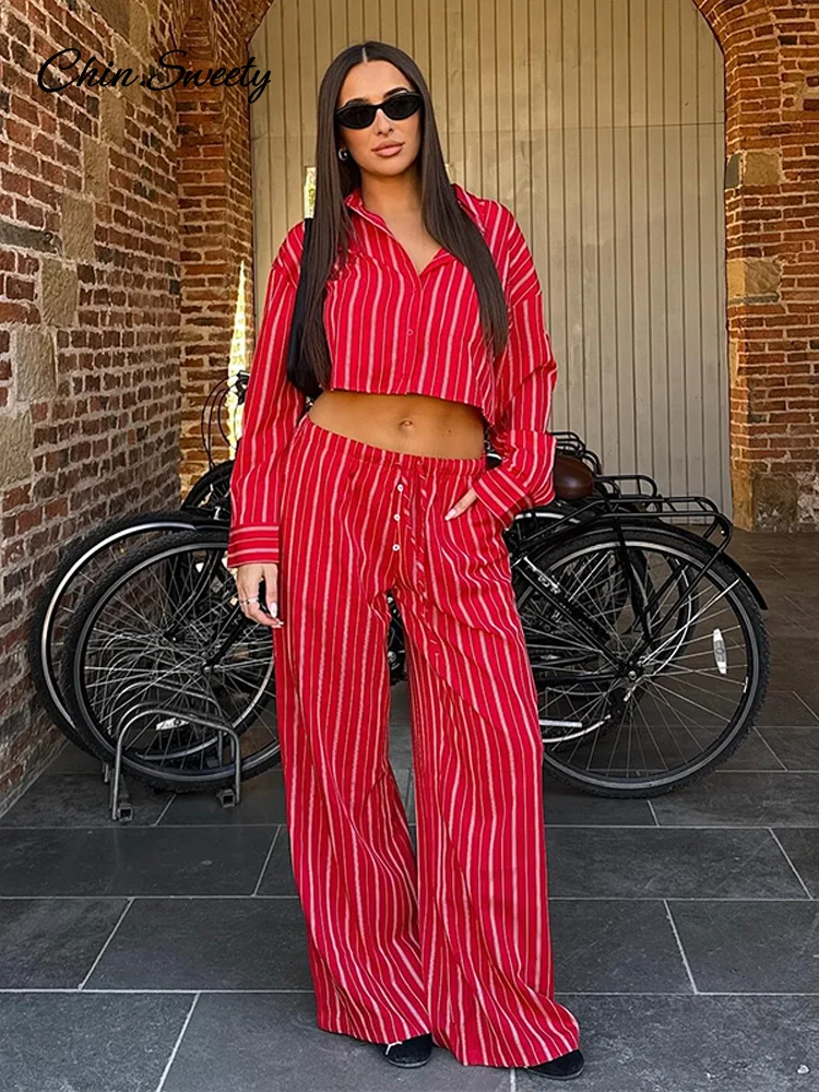 Casual Striped Pants Sets Long Sleeve Lapel Button Cropped Shirt Elastic Waist Lace Up Trouser Two Pieces 2025 Baggy Outfits
Casual Striped Pants Sets Long Sleeve Lapel Button Cropped Shirt Elastic Waist Lace Up Trouser Two Pieces 2025 Baggy Outfits