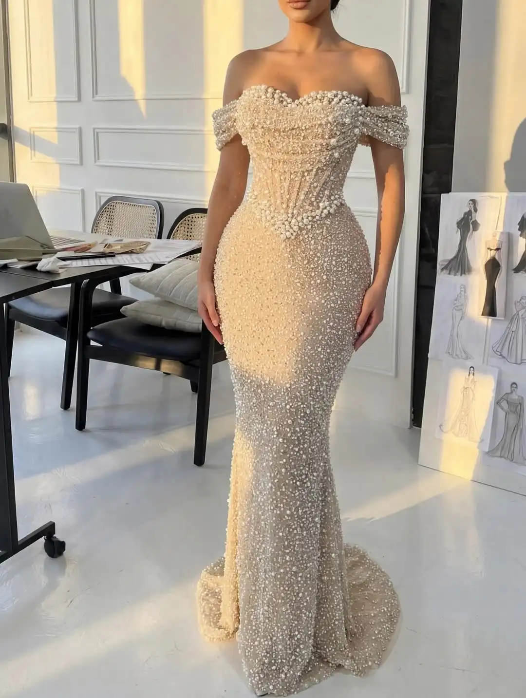 Ofherown Champagne Off-Shoulder Pearl Rhinestone Mermaid Evening Gown Luxury Formal Prom Dress for Wedding Party Gala 2026
Ofherown Champagne Off-Shoulder Pearl Rhinestone Mermaid Evening Gown Luxury Formal Prom Dress for Wedding Party Gala 2026
