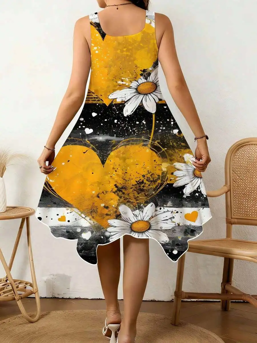 Women V Neck Irregular Hem Dress With Yellow Heart And Daisy Print For Summer Beach Casual Wear
Women V Neck Irregular Hem Dress With Yellow Heart And Daisy Print For Summer Beach Casual Wear