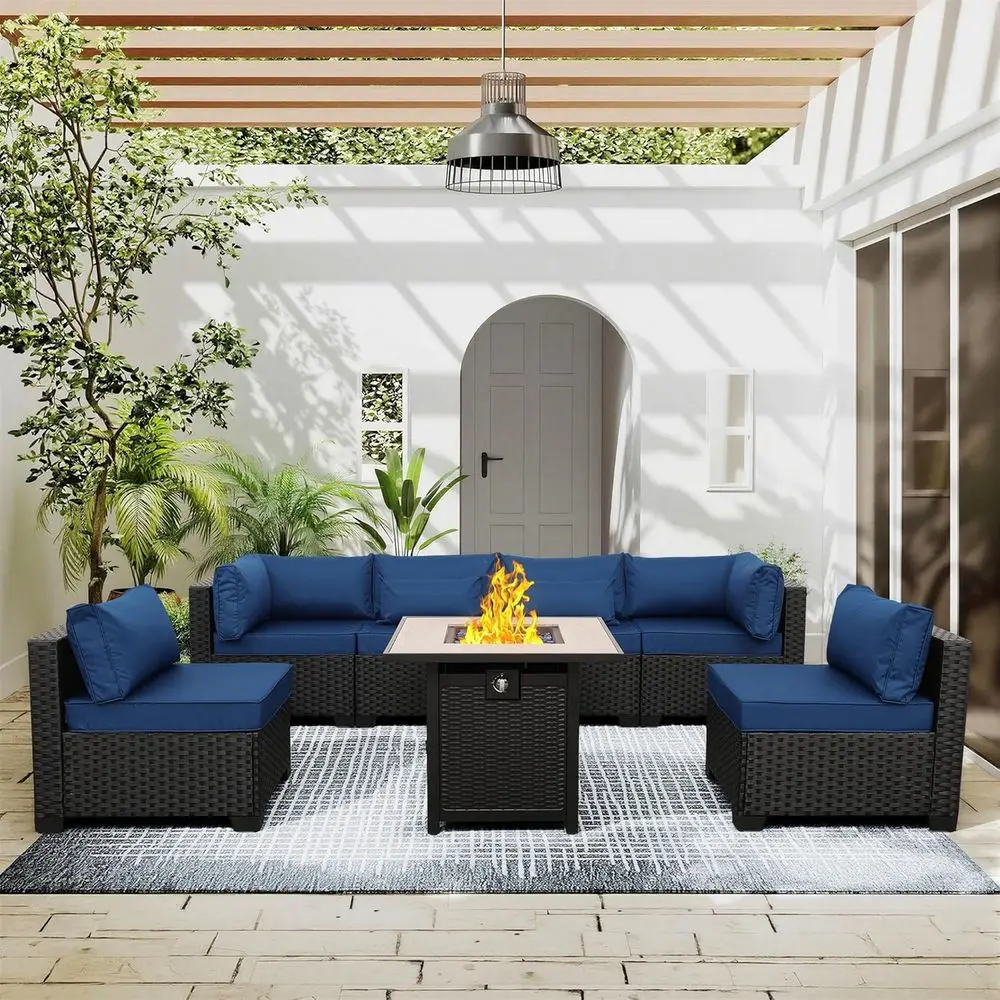 7-Piece Navy Blue Outdoor Wicker Patio Sectional Sofa Set with Cushions and Fire Pit Table
7-Piece Navy Blue Outdoor Wicker Patio Sectional Sofa Set with Cushions and Fire Pit Table
