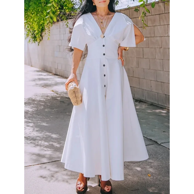 Women's Elegant V-Neck Button Decoration Dress Summer Loose Medium-Length Short-Sleeved Pleated Long Skirt Sexy Holiday Outfit
Women's Elegant V-Neck Button Decoration Dress Summer Loose Medium-Length Short-Sleeved Pleated Long Skirt Sexy Holiday Outfit
