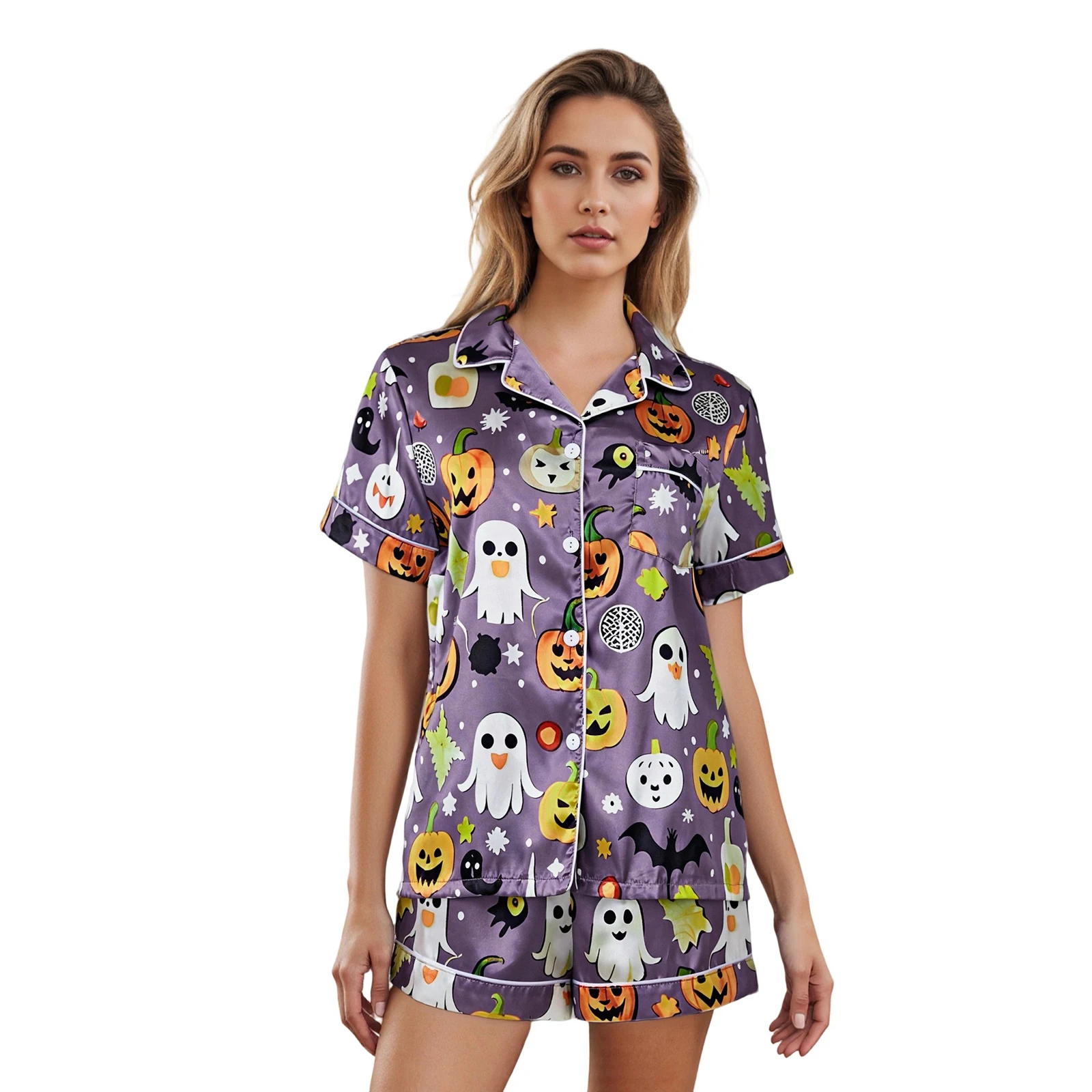Women 2 Piece Halloween Pajama Set Pumpkin Ghost Short Sleeve Button-up Tops and Elastic Waist Shorts 
Women 2 Piece Halloween Pajama Set Pumpkin Ghost Short Sleeve Button-up Tops and Elastic Waist Shorts