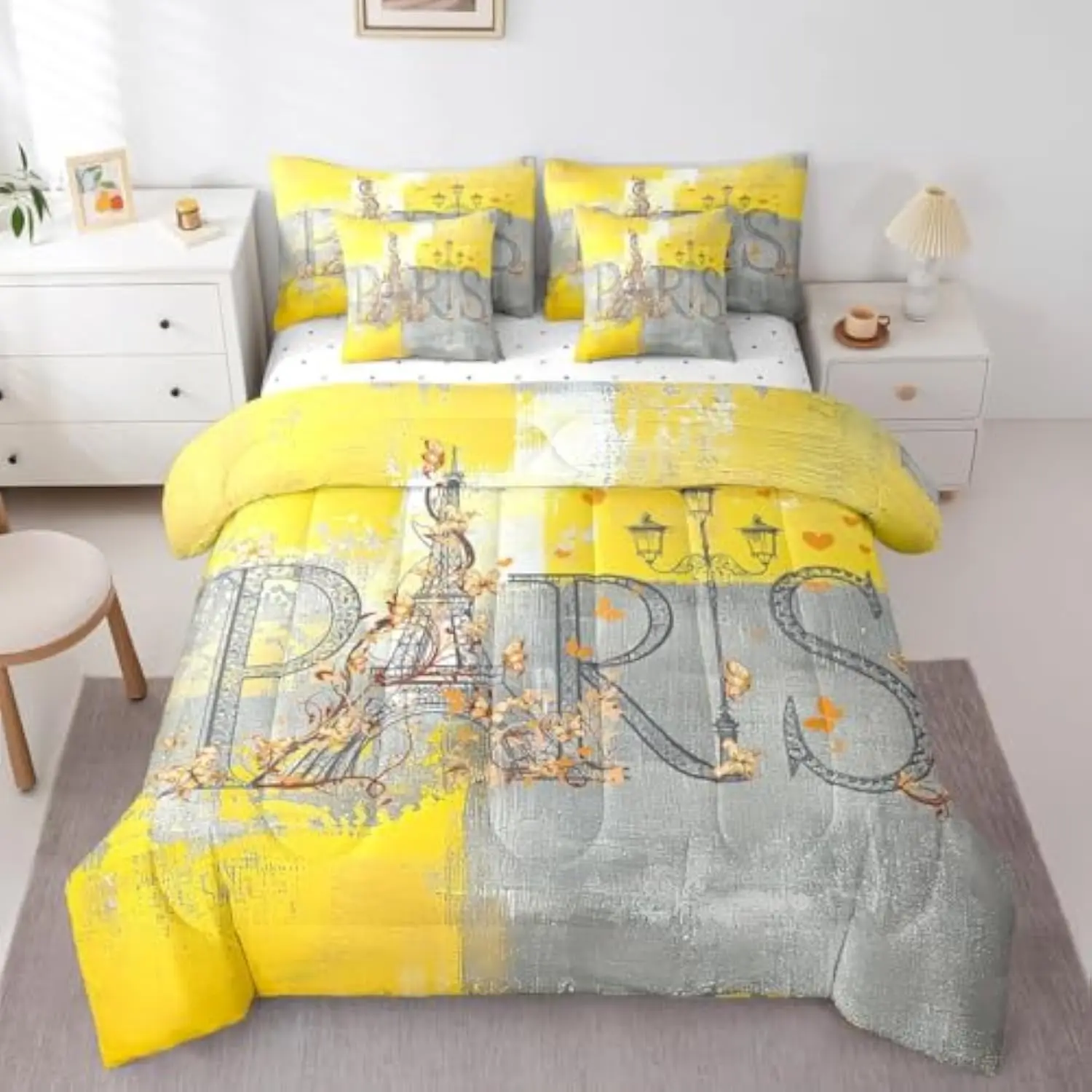 Paris Print Bedding Comforter Sets 7 Pieces Yellow Grey Bedding Set, Abstract Twin Size Comforter Set (1 Comforter, 1 Fitted S
Paris Print Bedding Comforter Sets 7 Pieces Yellow Grey Bedding Set, Abstract Twin Size Comforter Set (1 Comforter, 1 Fitted S