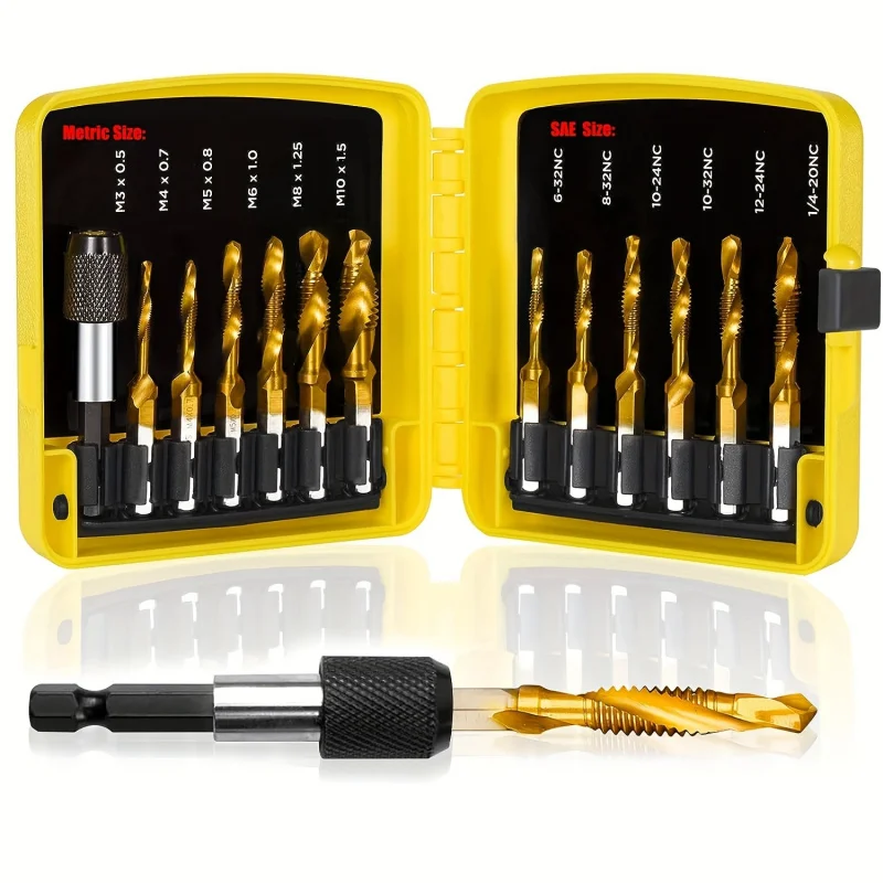 13pcs Drill Tap Bit Set 3-In-1 Titanium Coated Screw Tapping Bit Tool For Drilling Tapping Countersinking With Change Adapter
13pcs Drill Tap Bit Set 3-In-1 Titanium Coated Screw Tapping Bit Tool For Drilling Tapping Countersinking With Change Adapter