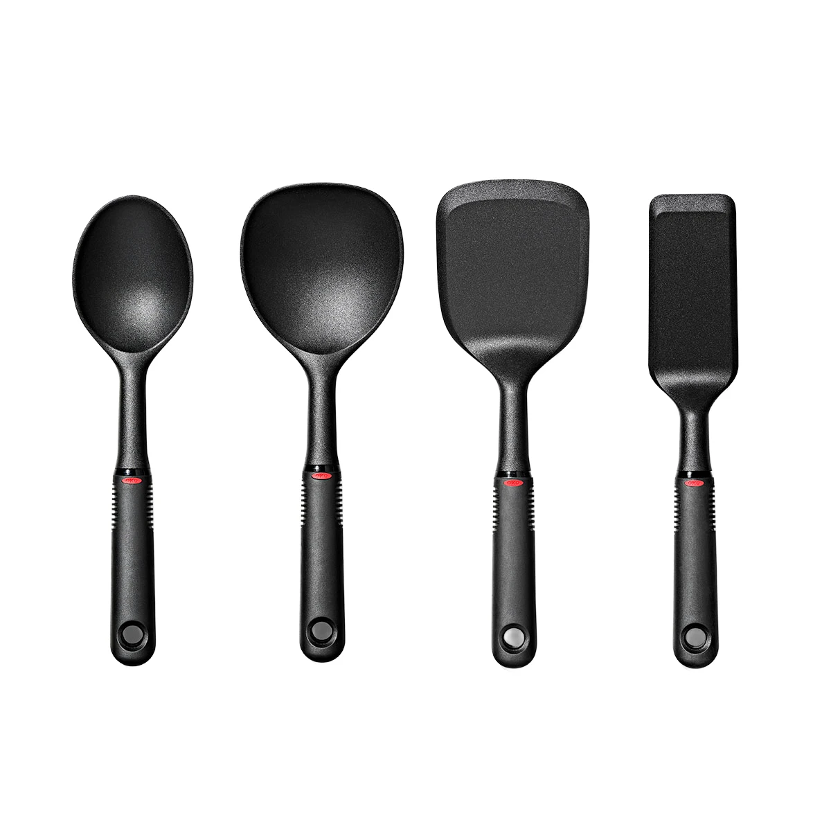 4-piece nylon mini utensil set in black includes turner spoon rice paddle and server
4-piece nylon mini utensil set in black includes turner spoon rice paddle and server