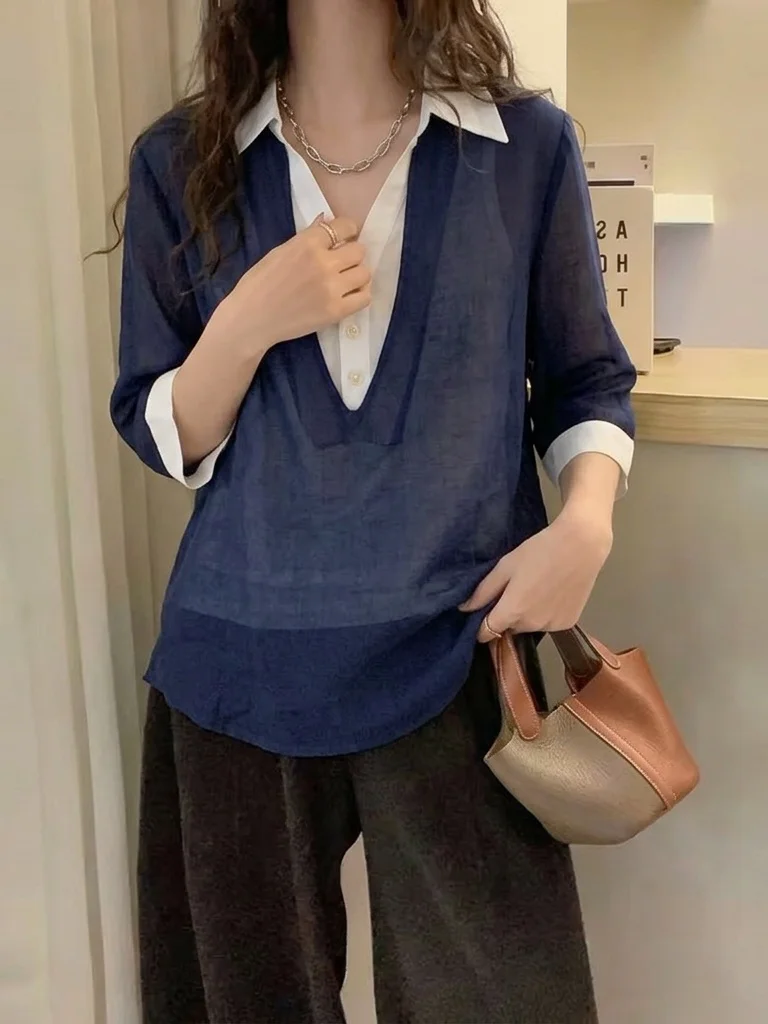 Elegant Dark Blue V-Neck Short Sleeve Shirt Women's plus Size Summer New Style Korean Version Loose Fit Commute Wind Shirt
Elegant Dark Blue V-Neck Short Sleeve Shirt Women's plus Size Summer New Style Korean Version Loose Fit Commute Wind Shirt
