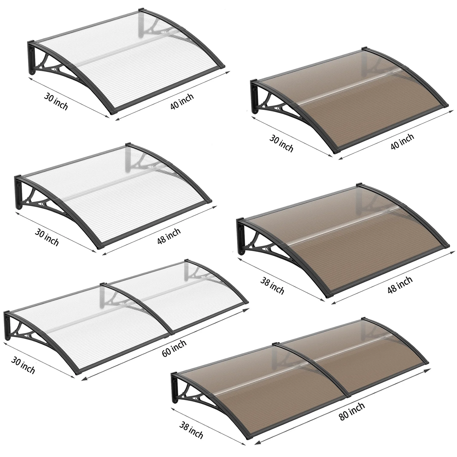 30/ 40/ 48/ 60/ 80" Window Awning Door Canopy Overhang Awnings for Doorways Polycarbonate Cover Patio Door Awning UV Rain Snow Sunlight Protection Hollow Sheet
30/ 40/ 48/ 60/ 80" Window Awning Door Canopy Overhang Awnings for Doorways Polycarbonate Cover Patio Door Awning UV Rain Snow Sunlight Protection Hollow Sheet