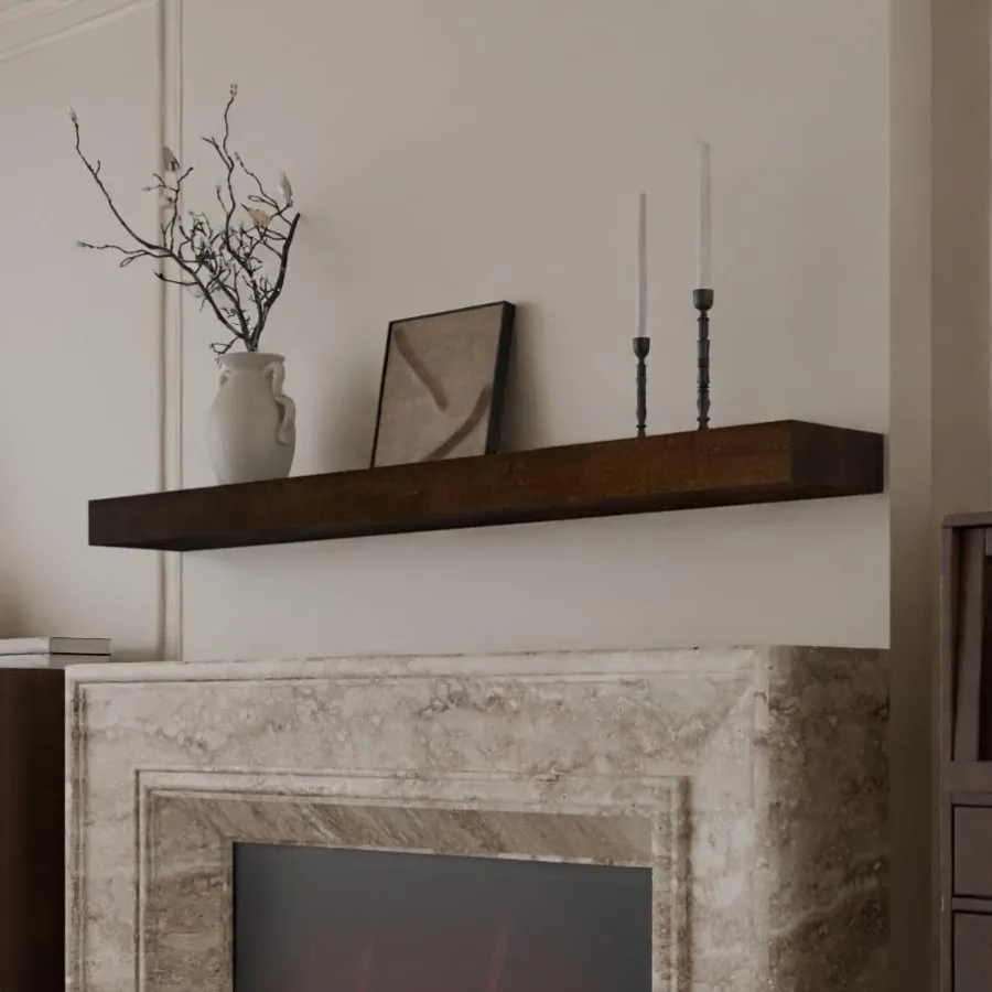Wall-mounted long wooden floating shelves for living room bedroom kitchen bathroom storage; natural walnut wood; warm brown ton
Wall-mounted long wooden floating shelves for living room bedroom kitchen bathroom storage; natural walnut wood; warm brown ton