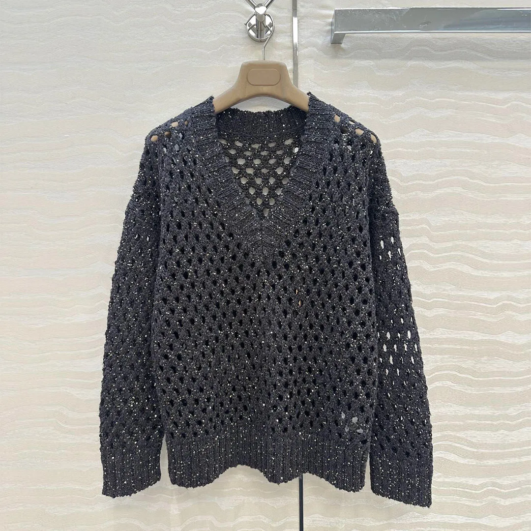 Old Money Style Silk Linen Knitted Sequins Hollow Out Pullover Women Solid Color V-neck Long Sleeve Vintage Casual Sweater
Old Money Style Silk Linen Knitted Sequins Hollow Out Pullover Women Solid Color V-neck Long Sleeve Vintage Casual Sweater