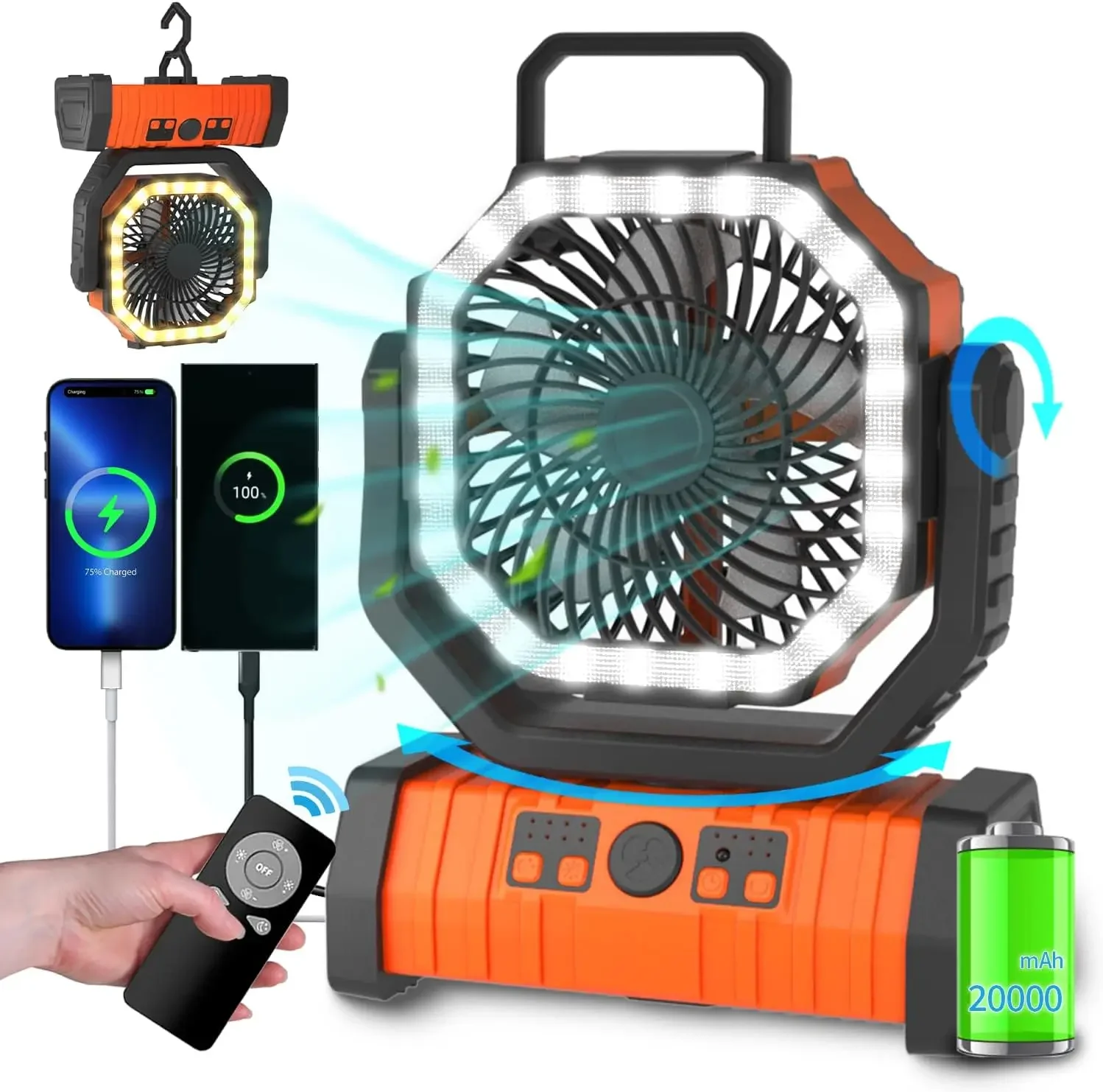 Camping Fan - 20000mAh Battery Powered Fan Battery Operated Rechargeable Portable Outdoor Tent Fans with Hanging Hook, Cordless
Camping Fan - 20000mAh Battery Powered Fan Battery Operated Rechargeable Portable Outdoor Tent Fans with Hanging Hook, Cordless