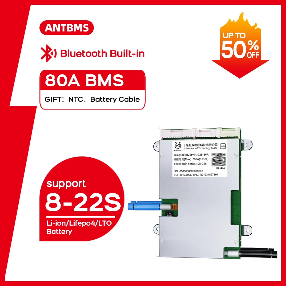 ANT Smart BMS 8-22S 80A Li-ion Lifepo4 LTO Battery 24V 36V 48V 60V BT smart balance board 10S 12S 13S 14S 15S 16S 17S 18S 19S
ANT Smart BMS 8-22S 80A Li-ion Lifepo4 LTO Battery 24V 36V 48V 60V BT smart balance board 10S 12S 13S 14S 15S 16S 17S 18S 19S