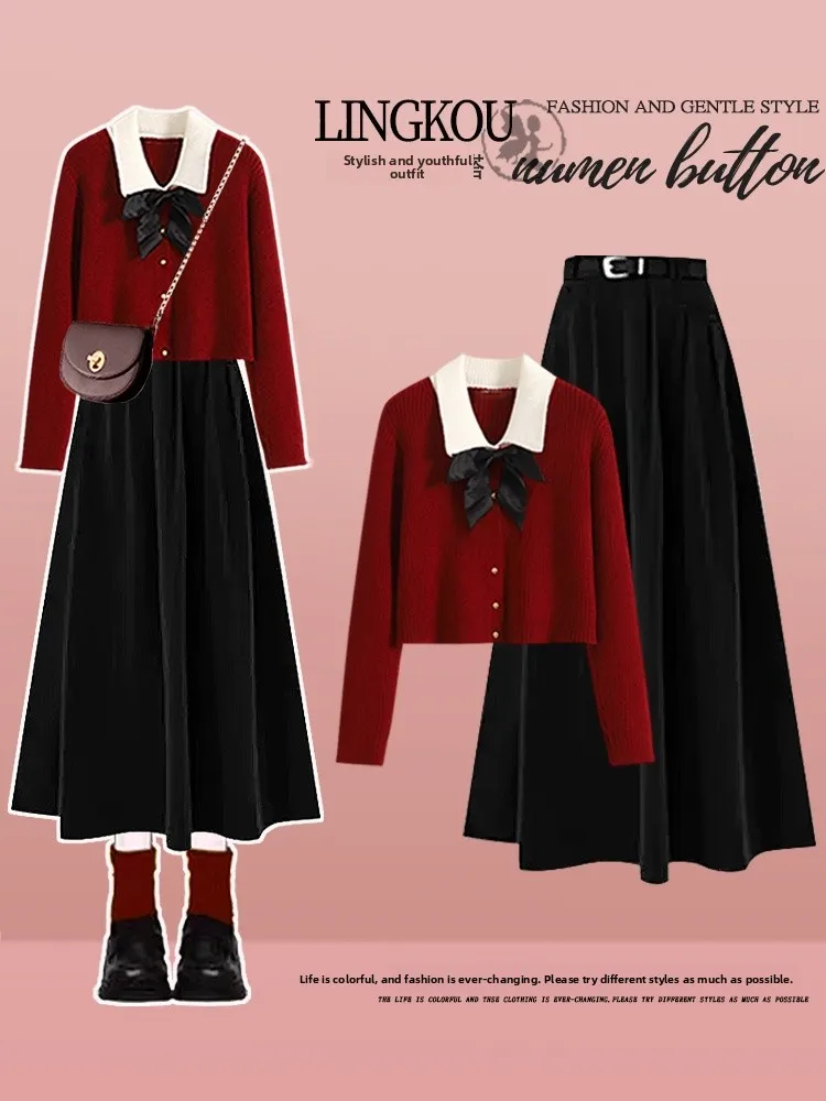 Elegant Knitted Sweater And High Waist Skirt Set for Women in Red with Knot Autumn Winter Fashion Two Piece Suit
Elegant Knitted Sweater And High Waist Skirt Set for Women in Red with Knot Autumn Winter Fashion Two Piece Suit