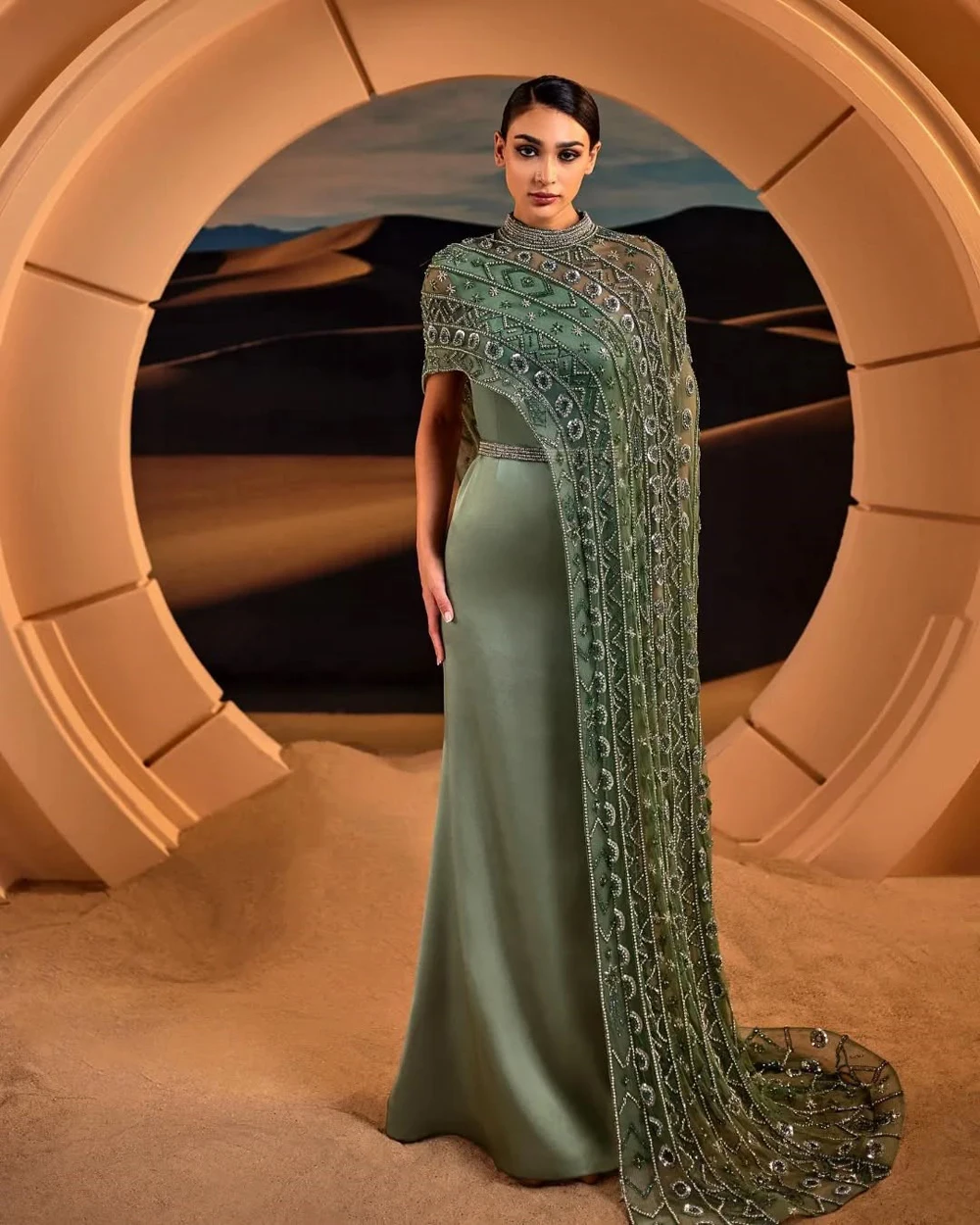 Luxury Cape Sleeves Evening Dress Satin Mermaid High Neck Beaded Crystal Sequin Arabia Formal Party Prom Gown Vestido Customized
Luxury Cape Sleeves Evening Dress Satin Mermaid High Neck Beaded Crystal Sequin Arabia Formal Party Prom Gown Vestido Customized