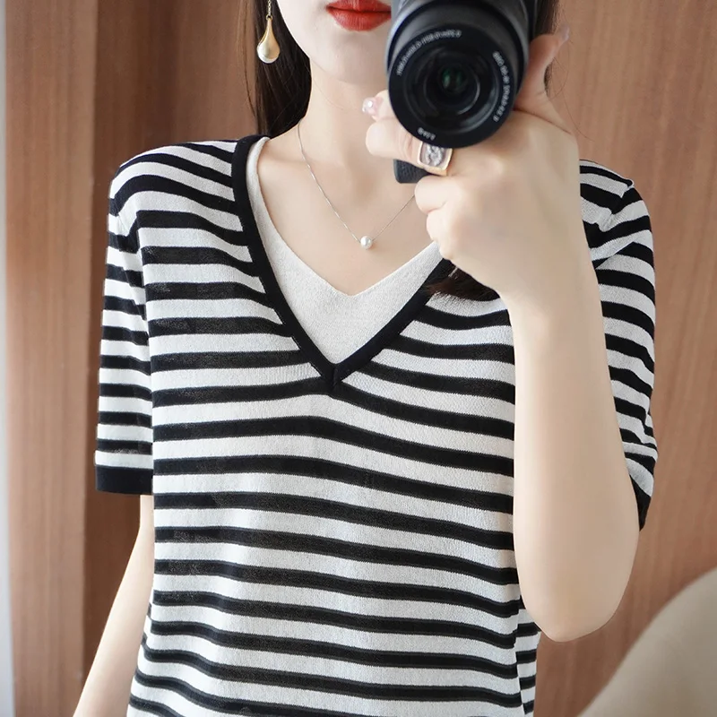 Women's summer new 100% pure cotton short sleeved casual striped knitted sweater fashionable round neck top loose pullover T-shi
Women's summer new 100% pure cotton short sleeved casual striped knitted sweater fashionable round neck top loose pullover T-shi