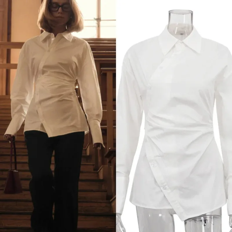 Elegant White Notch Collar Single Breasted Long Sleeve Blouse Asymmetric Cross Front Slim Fit Cardigan Chic Women Commuting Top 
Elegant White Notch Collar Single Breasted Long Sleeve Blouse Asymmetric Cross Front Slim Fit Cardigan Chic Women Commuting Top