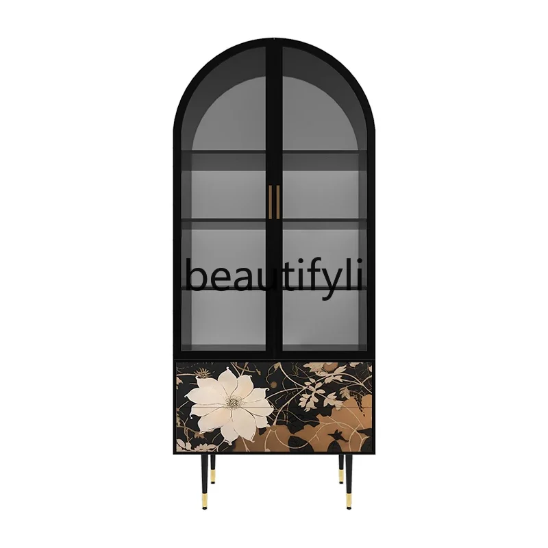 French retro black wine cabinet American arched bookcase with glass door storage solid wood household dining side cabinet
French retro black wine cabinet American arched bookcase with glass door storage solid wood household dining side cabinet