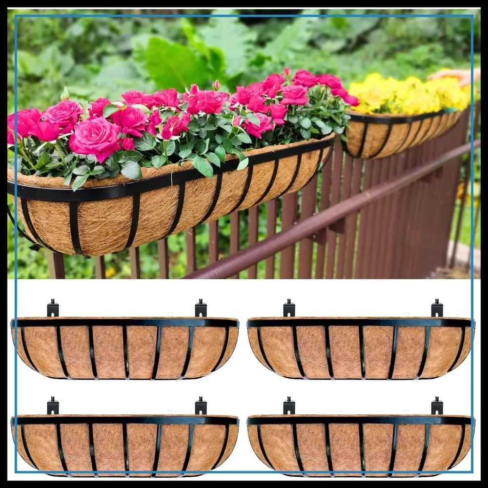 24 Inch Black Metal Railing Planter Box, 4 Pack, Hanging Planters with Coco Liner, Brackets for Deck Fence Balcony Patio
24 Inch Black Metal Railing Planter Box, 4 Pack, Hanging Planters with Coco Liner, Brackets for Deck Fence Balcony Patio