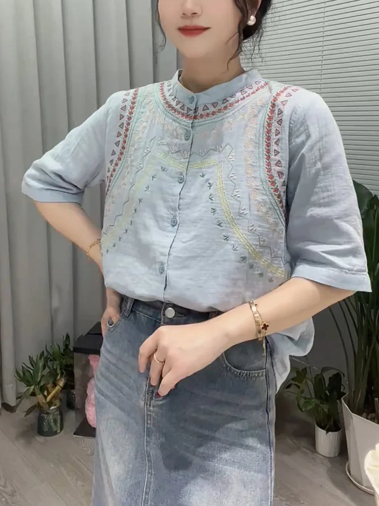 Korean Sle Embroidered Casual irt Women's ort Sve Summer plus Size Meat Concealing Top Commute Ethnic Wind Design
Korean Sle Embroidered Casual irt Women's ort Sve Summer plus Size Meat Concealing Top Commute Ethnic Wind Design