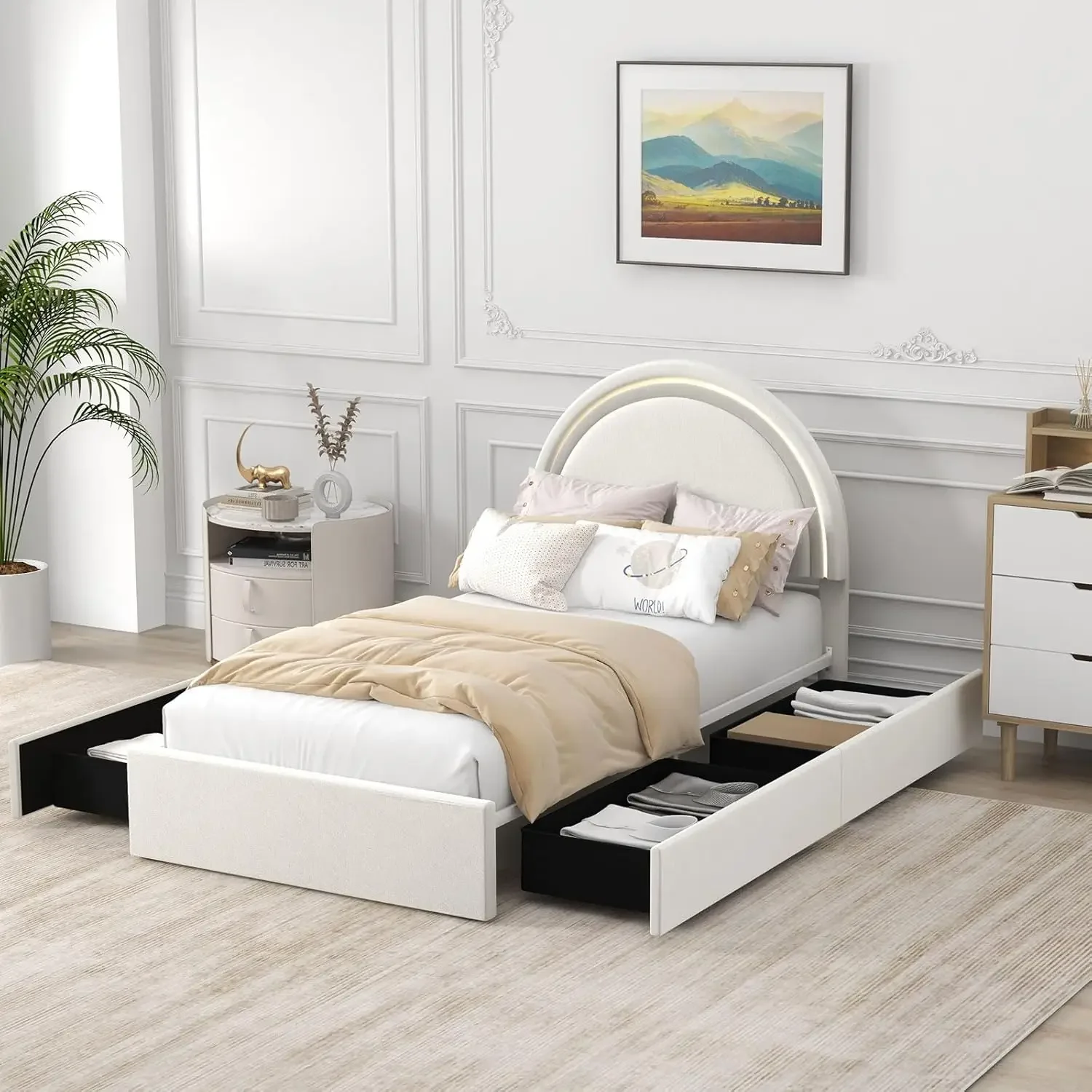 Bonzy Home Twin Size Bed Frame with LED Round Headboard, Princess Platform Bed Frame with 4 Storage Drawers, Girls Twin Bed Fram
Bonzy Home Twin Size Bed Frame with LED Round Headboard, Princess Platform Bed Frame with 4 Storage Drawers, Girls Twin Bed Fram