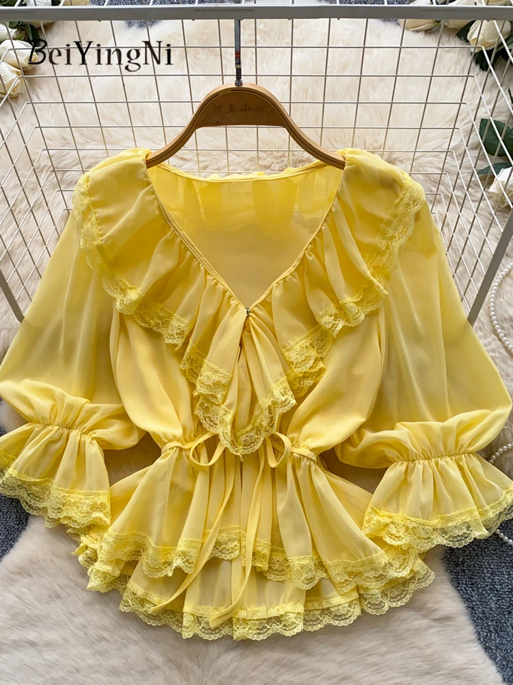 Beiyingni French Elegant Women's Shirts Sexy Ruffles V-neck Blusas for Woman 2026 Summer Lace Patchwork Kpop White Commute Tops
Beiyingni French Elegant Women's Shirts Sexy Ruffles V-neck Blusas for Woman 2026 Summer Lace Patchwork Kpop White Commute Tops