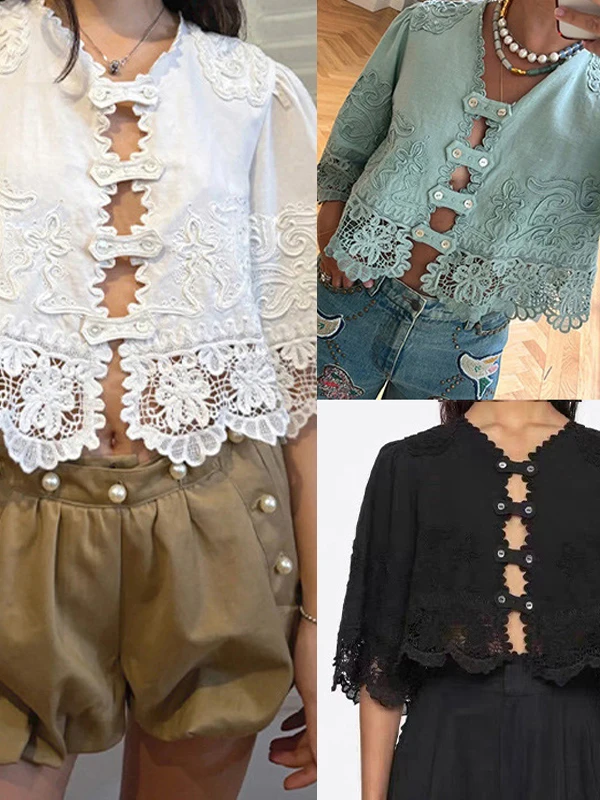 Elegant Loose Fit V-Neck Embroidered Hollow out Lace Trim Button up Shirt No Ironing Required Breathable Cotton Linen Blend
Elegant Loose Fit V-Neck Embroidered Hollow out Lace Trim Button up Shirt No Ironing Required Breathable Cotton Linen Blend
