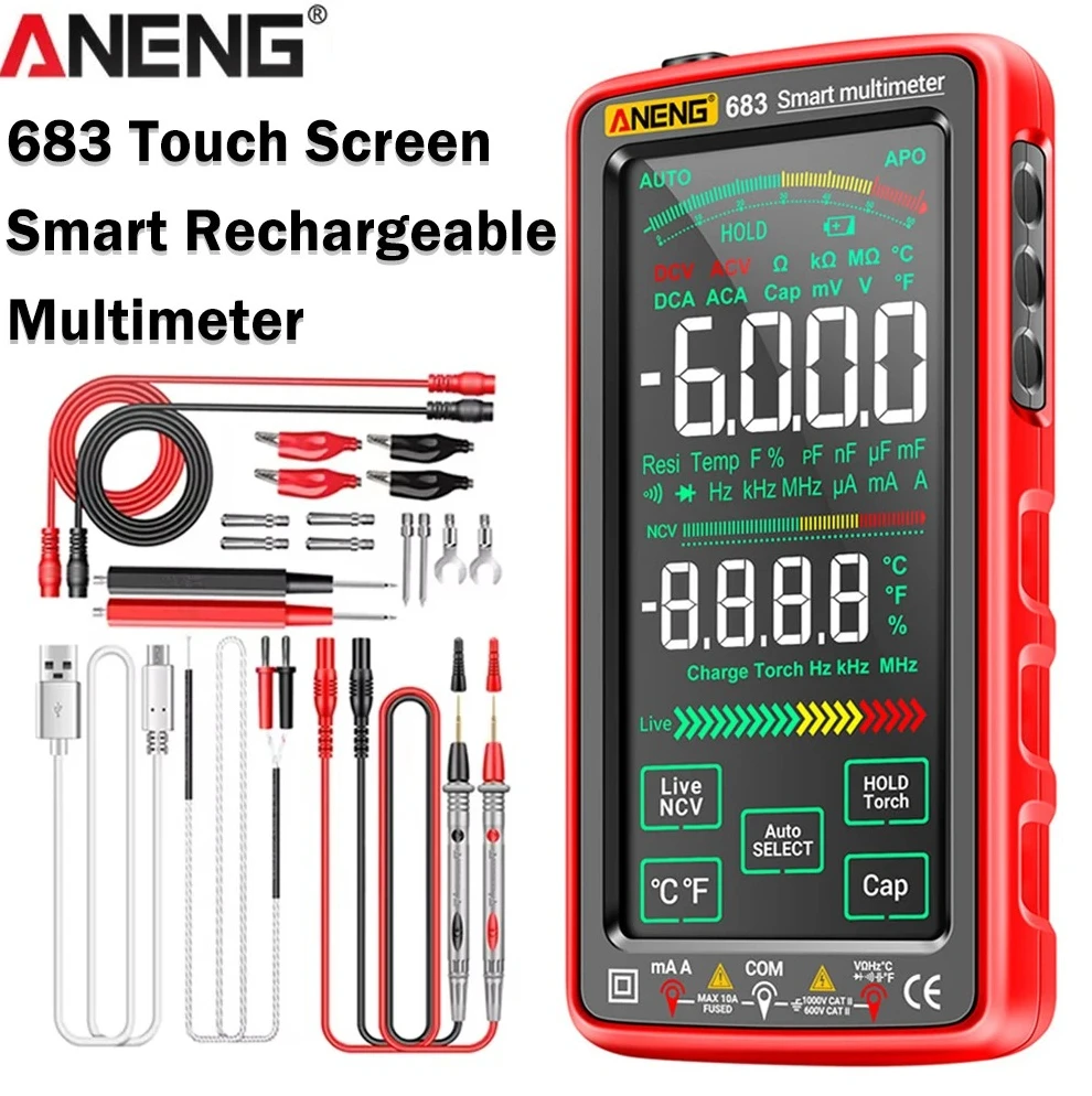 Smart Touch Screen Multimeter Rechargeable Tester Ammeter AC/DC Voltage Current Buzzer Diode NCV Hz Electrician Tools ANENG 683
Smart Touch Screen Multimeter Rechargeable Tester Ammeter AC/DC Voltage Current Buzzer Diode NCV Hz Electrician Tools ANENG 683