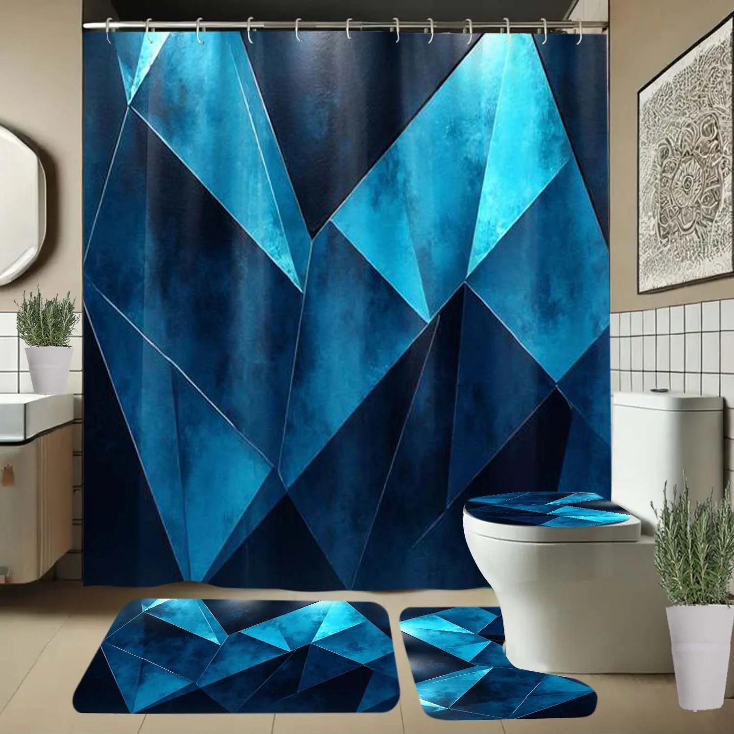 4pcs Blue Geometric Pattern Shower Curtain with Hooks, Bathroom Partition Curtain, Bathroom Accessory, All-Season Elegant
4pcs Blue Geometric Pattern Shower Curtain with Hooks, Bathroom Partition Curtain, Bathroom Accessory, All-Season Elegant