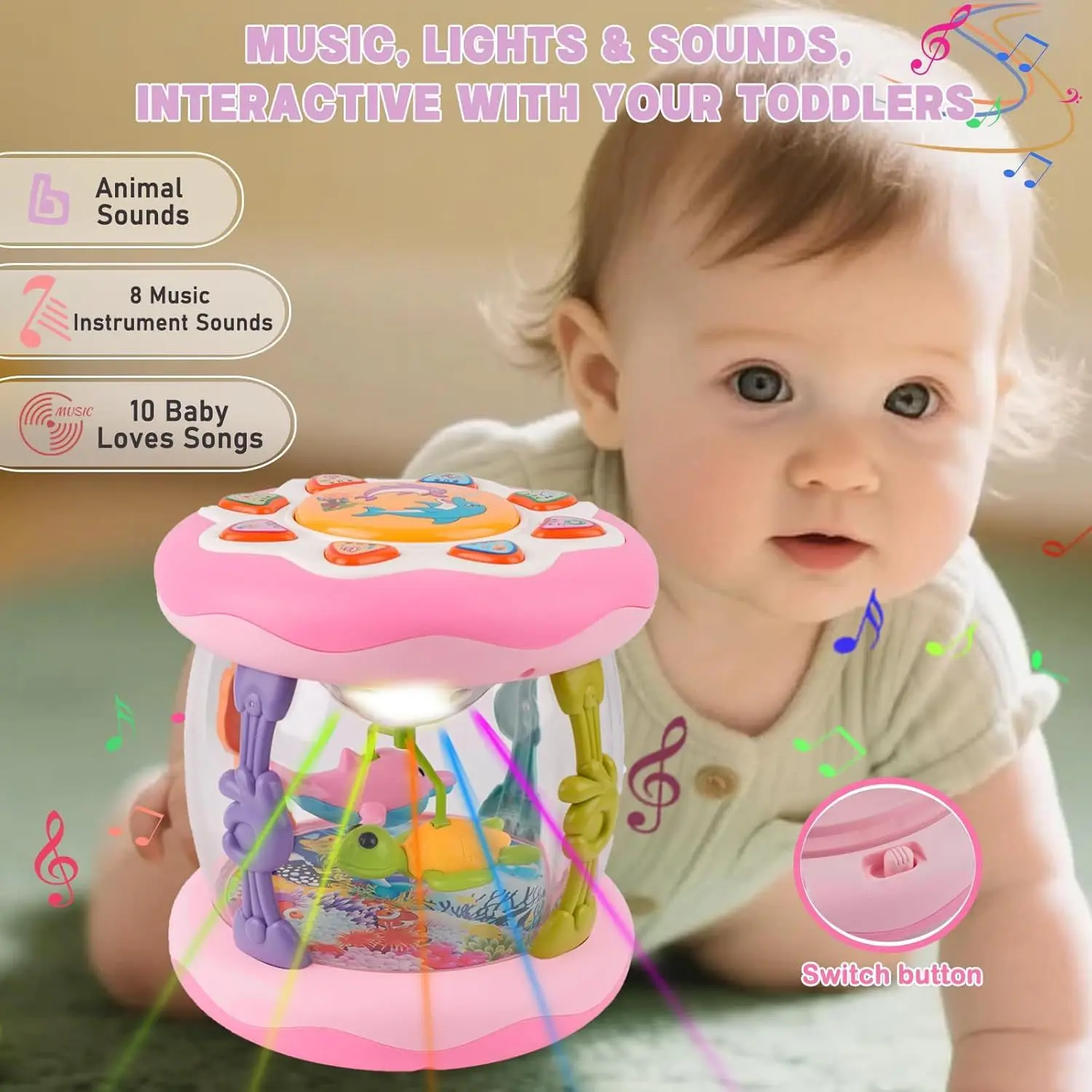 Rotating Ocean Musical Drum Toy for 12M+, Music & Light, Ideal Gift for Kids, Green/Pink Random.
Rotating Ocean Musical Drum Toy for 12M+, Music & Light, Ideal Gift for Kids, Green/Pink Random.