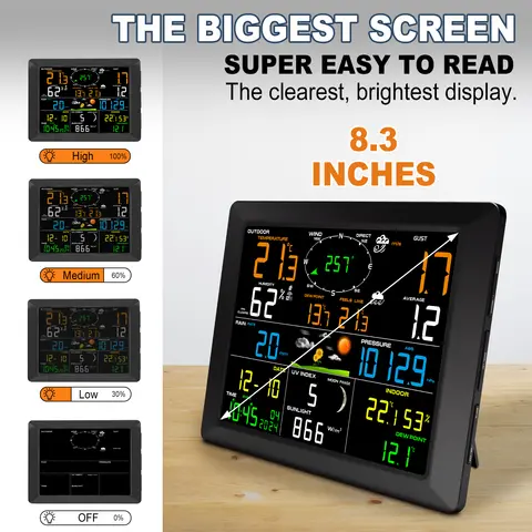 8.3인치 WiFi 기상 관측소 14-in-1, 태양광 센서 포함, 328피트 범위 실시간 동기화, 가정용 Weather Underground/Cloud 지원