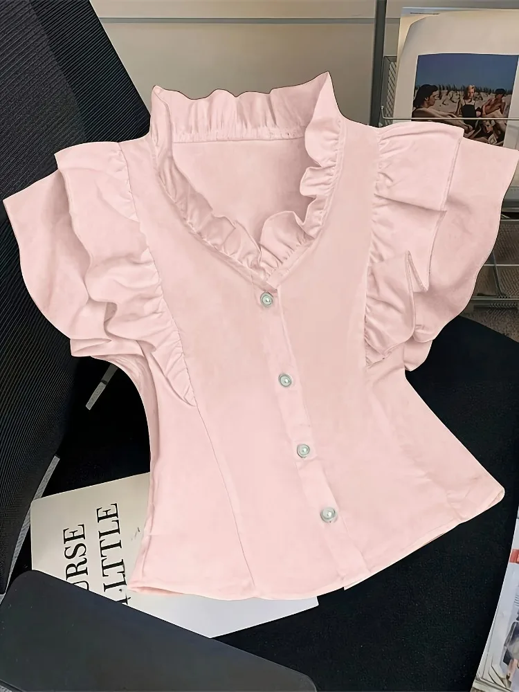 Летняя женская блузка с пышными рукавами, V-образным вырезом, оборками, коротким рукавом, на пуговицах, с баской, повседневная, элегантная
Летняя женская блузка с пышными рукавами, V-образным вырезом, оборками, коротким рукавом, на пуговицах, с баской, повседневная, элегантная