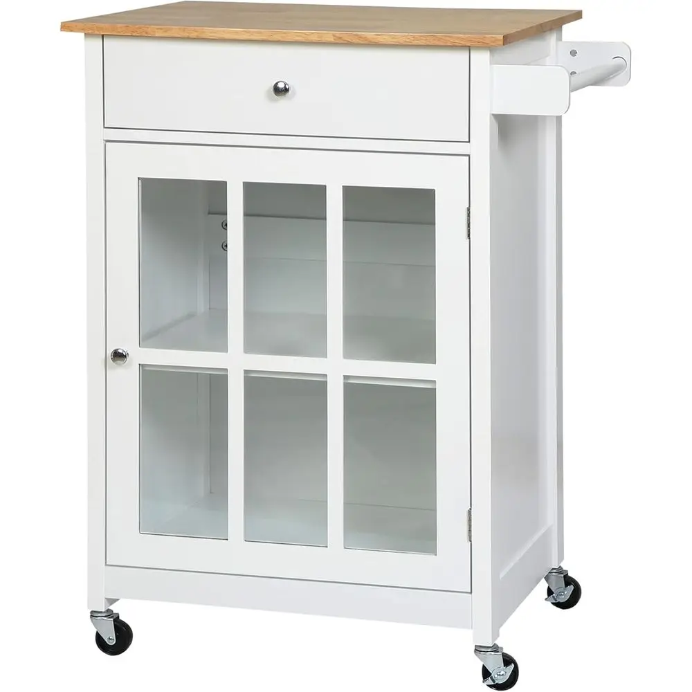 27 Inch White Rolling Kitchen Island with Drawer, Glass Door Cabinet, Adjustable Shelf, and Towel Rack
27 Inch White Rolling Kitchen Island with Drawer, Glass Door Cabinet, Adjustable Shelf, and Towel Rack
