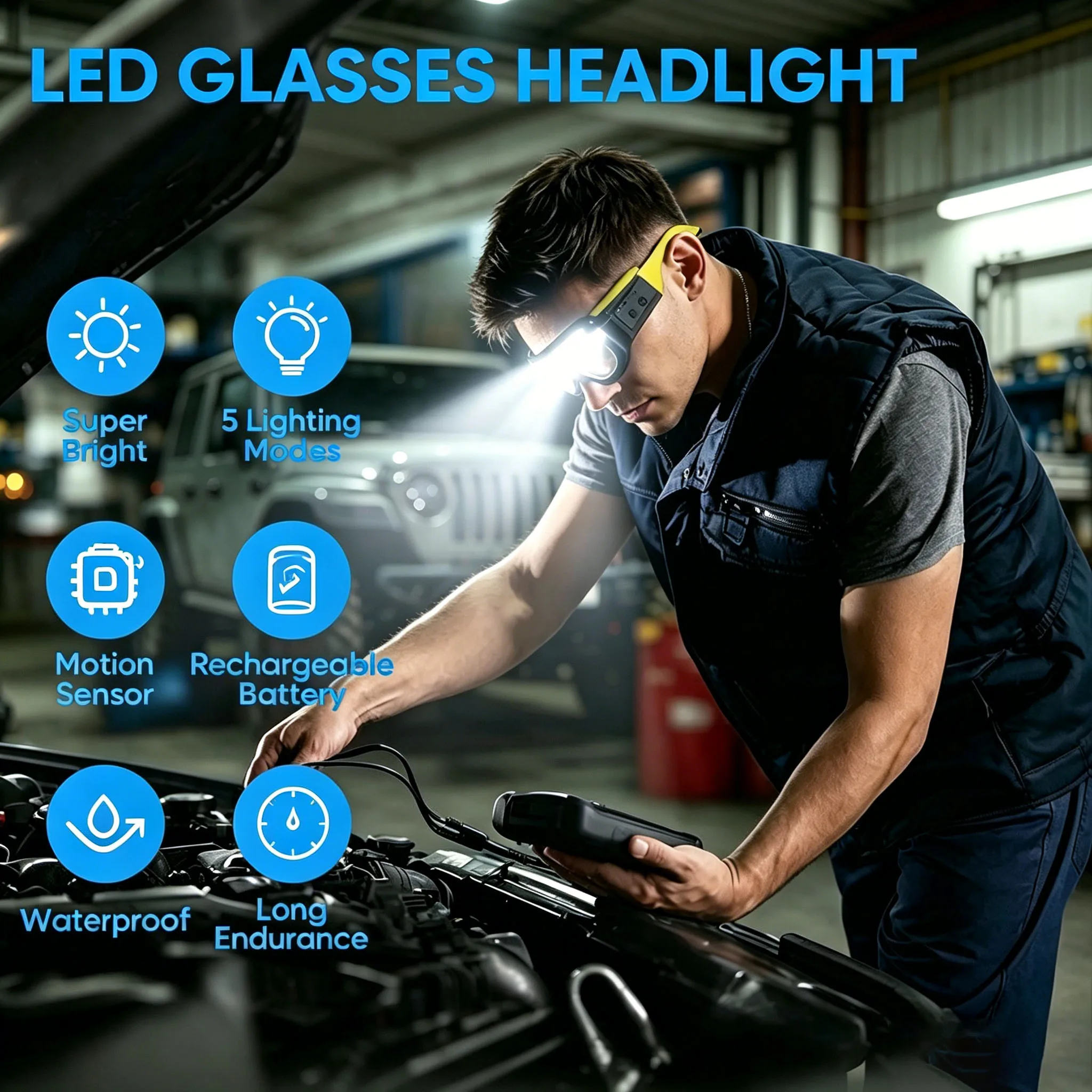 Multifunctional LED Headlamp, Rechargeable Safety Glasses Headlights, Detachable Sunglasses for Working, Riding, Night Fishing
Multifunctional LED Headlamp, Rechargeable Safety Glasses Headlights, Detachable Sunglasses for Working, Riding, Night Fishing