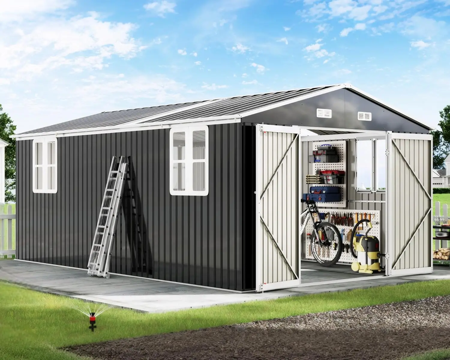 10x16x7 FT Outdoor Storage Shed with 2 Transparent Panels, Metal Garden Shed with Hinged Double Doors, 4 Windows &, Customized
10x16x7 FT Outdoor Storage Shed with 2 Transparent Panels, Metal Garden Shed with Hinged Double Doors, 4 Windows &, Customized