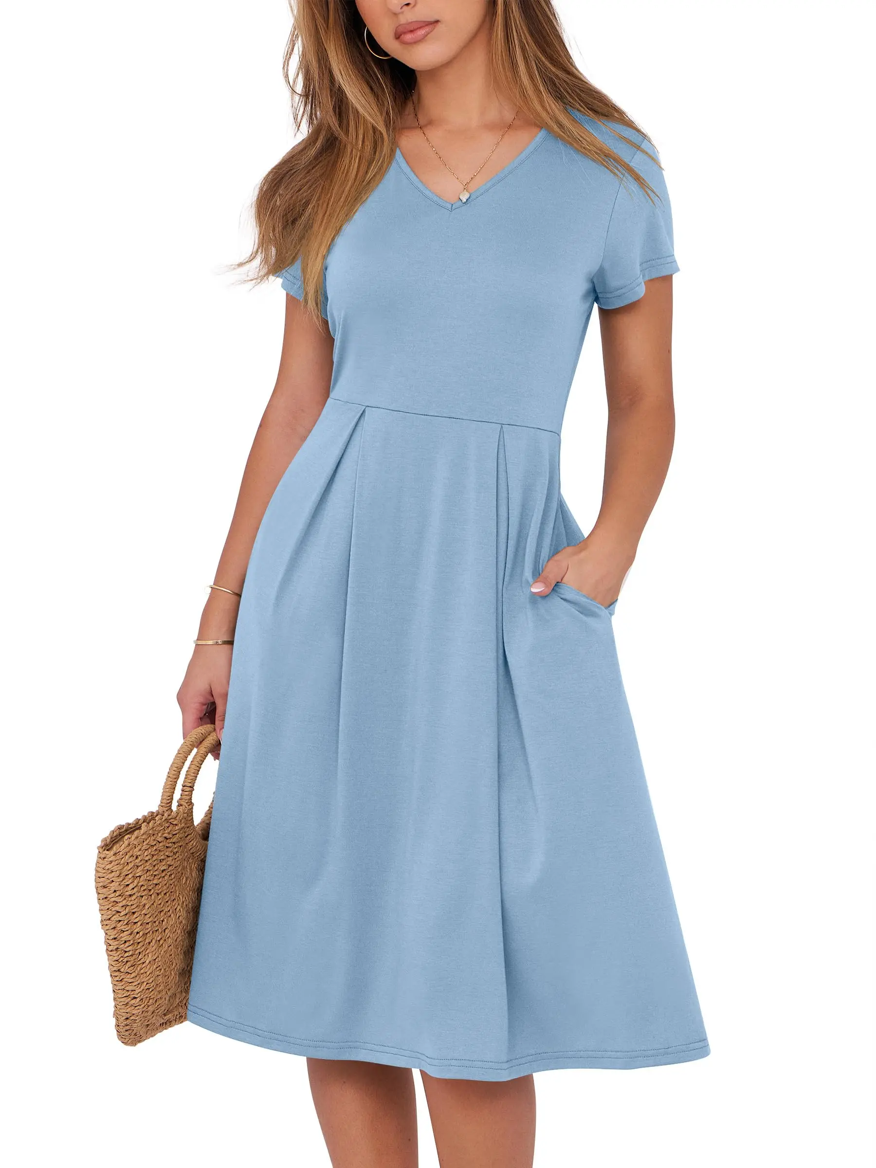 Women Summer Casual Short Sleeve V Neck A-Line Knee Length Pleated Flowy Midi Dress With Pocket
Women Summer Casual Short Sleeve V Neck A-Line Knee Length Pleated Flowy Midi Dress With Pocket