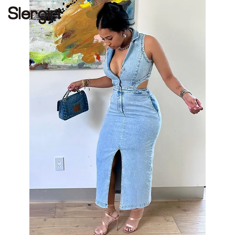 Slergiri Sexy Cutout Front Slit Denim Dress Women Fashion New 2026 Summer Half Button Notched Neck Sleeveless Bodycon Long Dress
Slergiri Sexy Cutout Front Slit Denim Dress Women Fashion New 2026 Summer Half Button Notched Neck Sleeveless Bodycon Long Dress