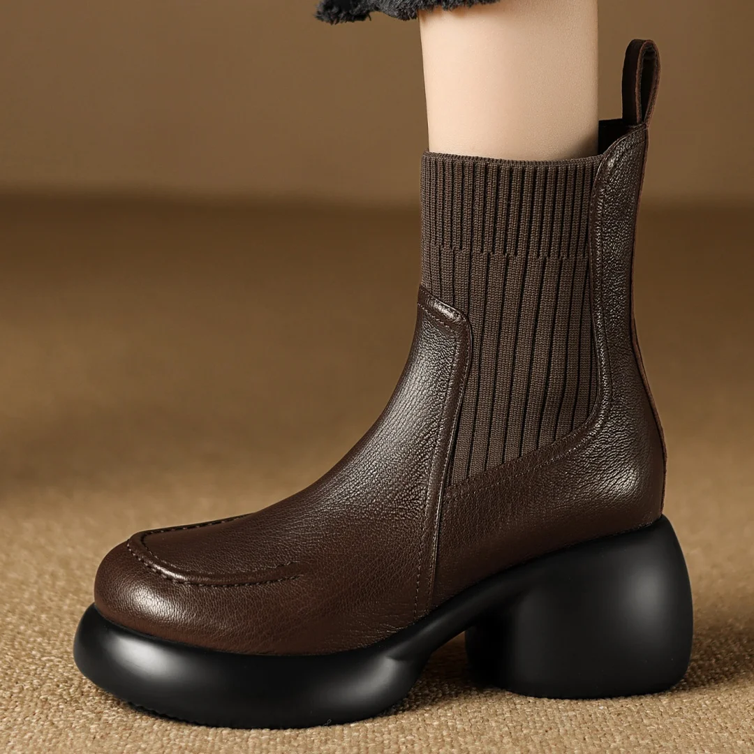 Women's sheepskin stretch knit patchwork slip-on autumn ankle boots 6.5cm chunky heel platform high quality soft short booties
Women's sheepskin stretch knit patchwork slip-on autumn ankle boots 6.5cm chunky heel platform high quality soft short booties