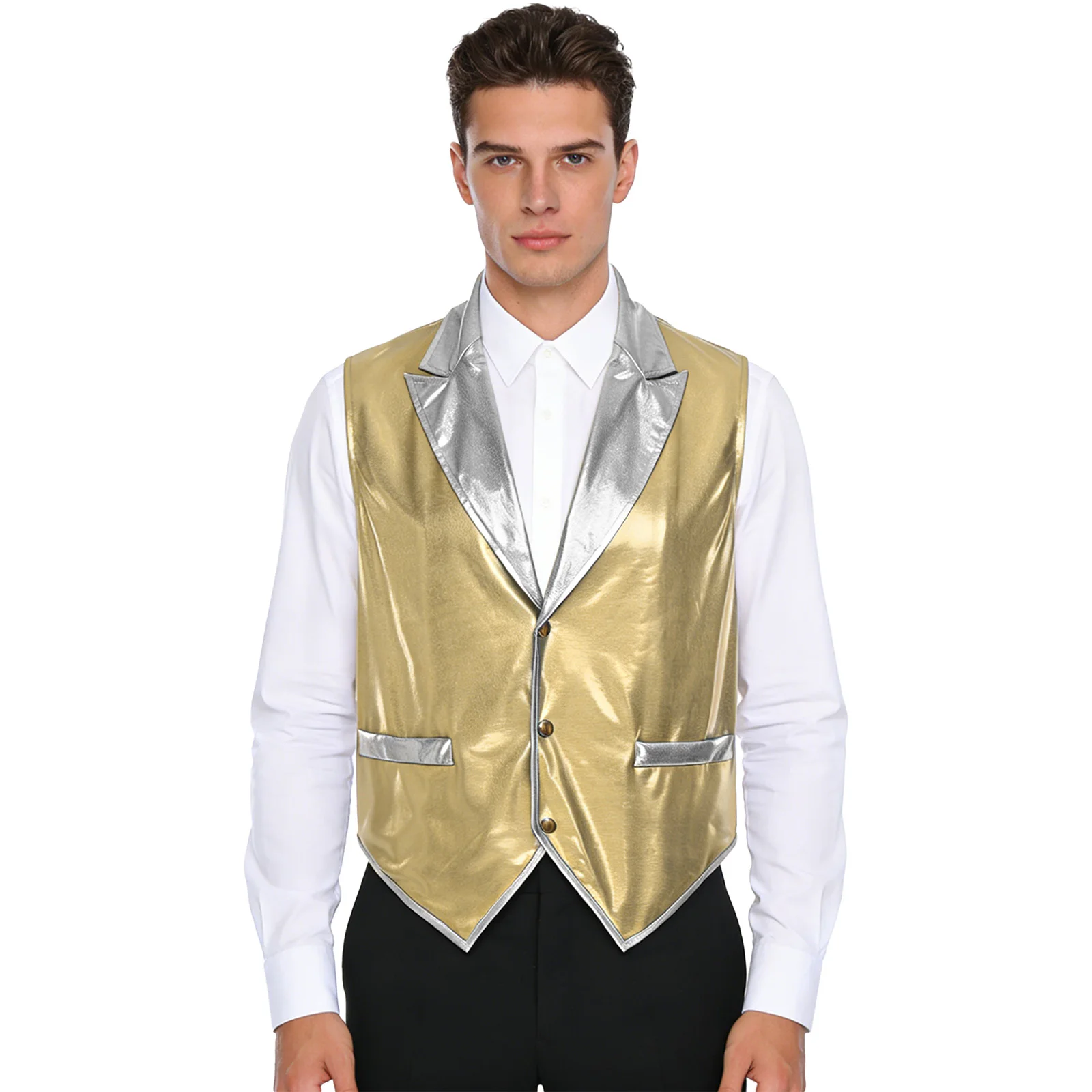 Mens Metallic Shiny Waistcoat Lapel V Neck Button-down Iridescent Patchwork Pointed Hem Vest Tank Top for Arab Prince Cosplay
Mens Metallic Shiny Waistcoat Lapel V Neck Button-down Iridescent Patchwork Pointed Hem Vest Tank Top for Arab Prince Cosplay