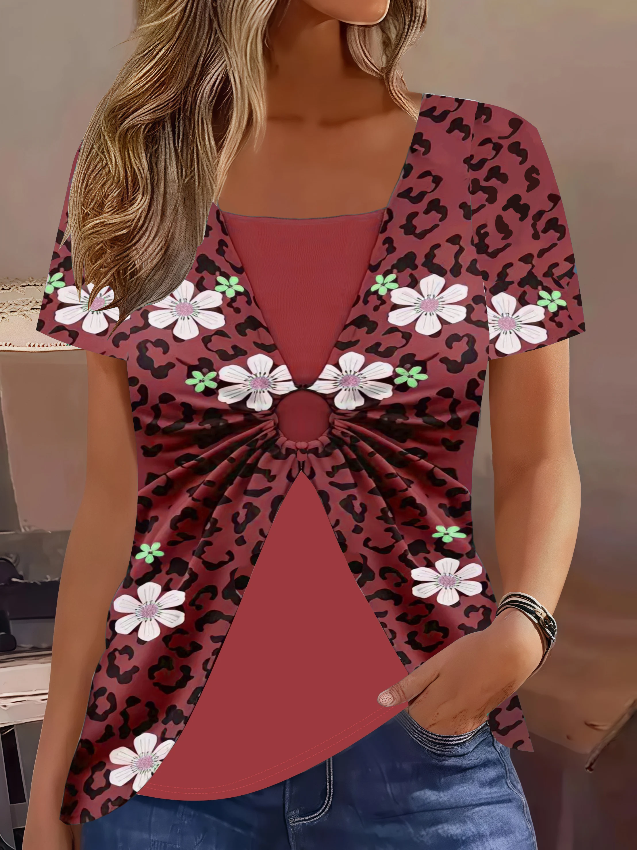 Plus Size Square Neck Boho Floral Print T-Shirt - Spring Summer Comfort Casual Top with Layered Design & Ring Detail
Plus Size Square Neck Boho Floral Print T-Shirt - Spring Summer Comfort Casual Top with Layered Design & Ring Detail