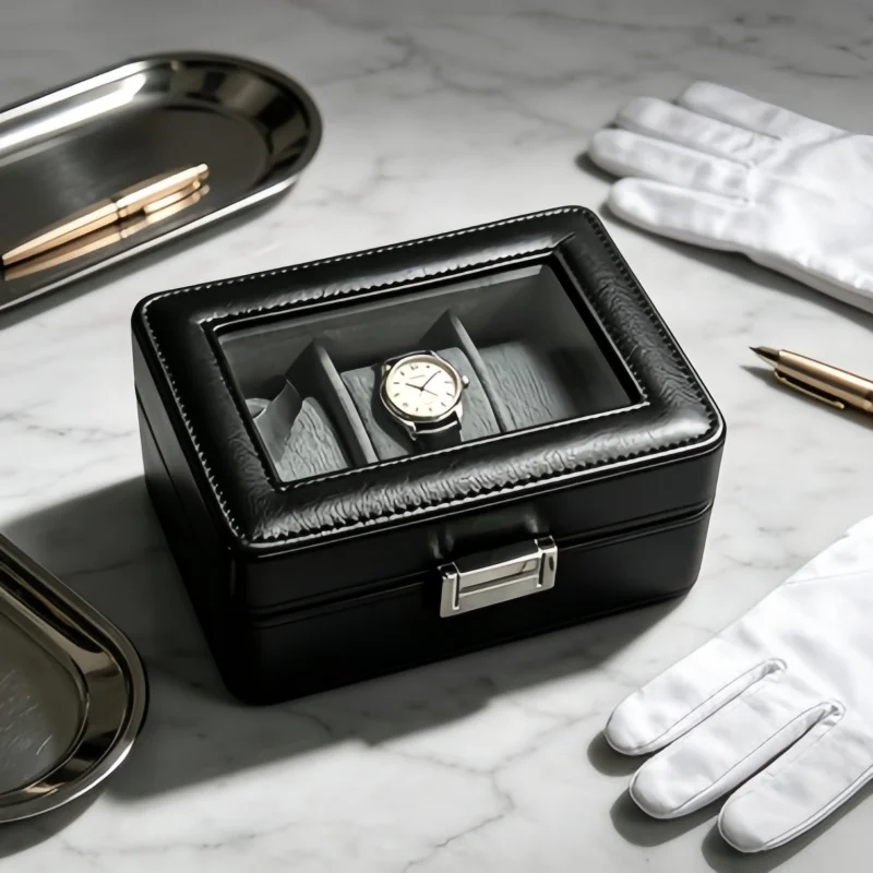 2-piece watch box set, 3-grid black PU leather lockable watch storage box + off-white drawstring storage bag
2-piece watch box set, 3-grid black PU leather lockable watch storage box + off-white drawstring storage bag