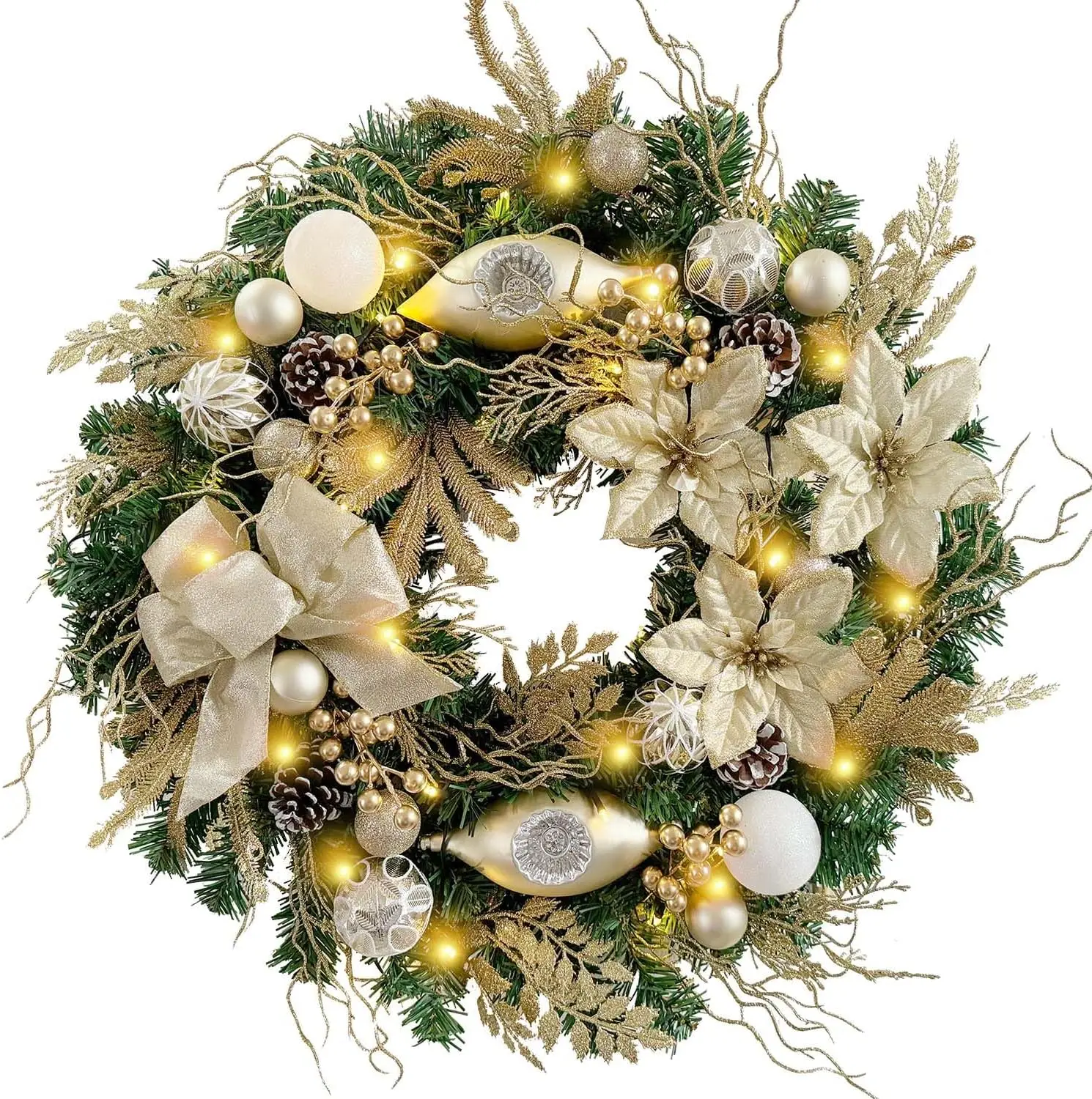 24 Inch Battery Operated LED Christmas Wreath with Champagne Gold Decor, Pine Cones, and Ribbon for Front Door
24 Inch Battery Operated LED Christmas Wreath with Champagne Gold Decor, Pine Cones, and Ribbon for Front Door
