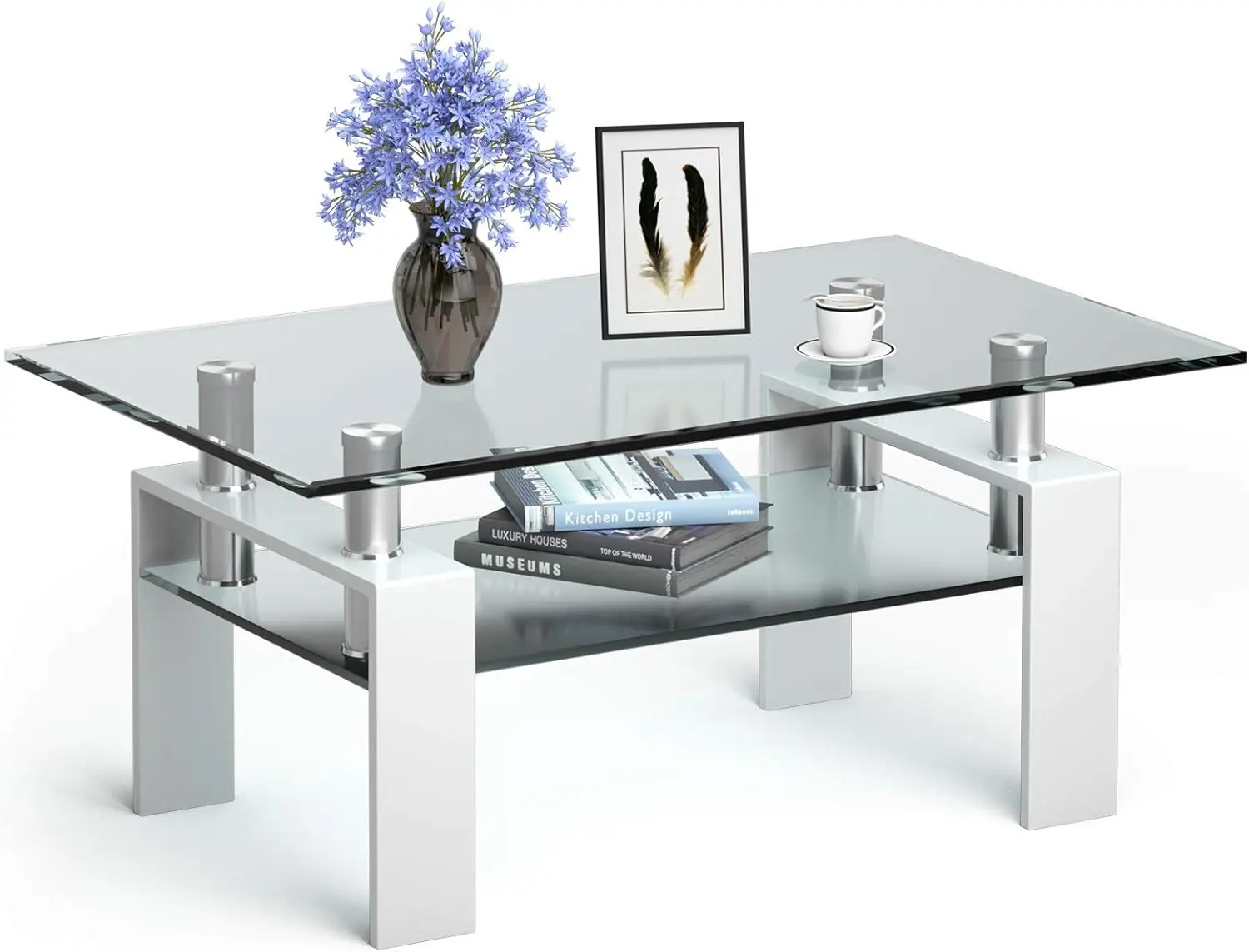 Rectangular Glass Coffee Table, Modern Side Coffee Table w/Lower Shelf, Tempered Glass Tabletop &Metal Legs, Suitable for Office
Rectangular Glass Coffee Table, Modern Side Coffee Table w/Lower Shelf, Tempered Glass Tabletop &Metal Legs, Suitable for Office